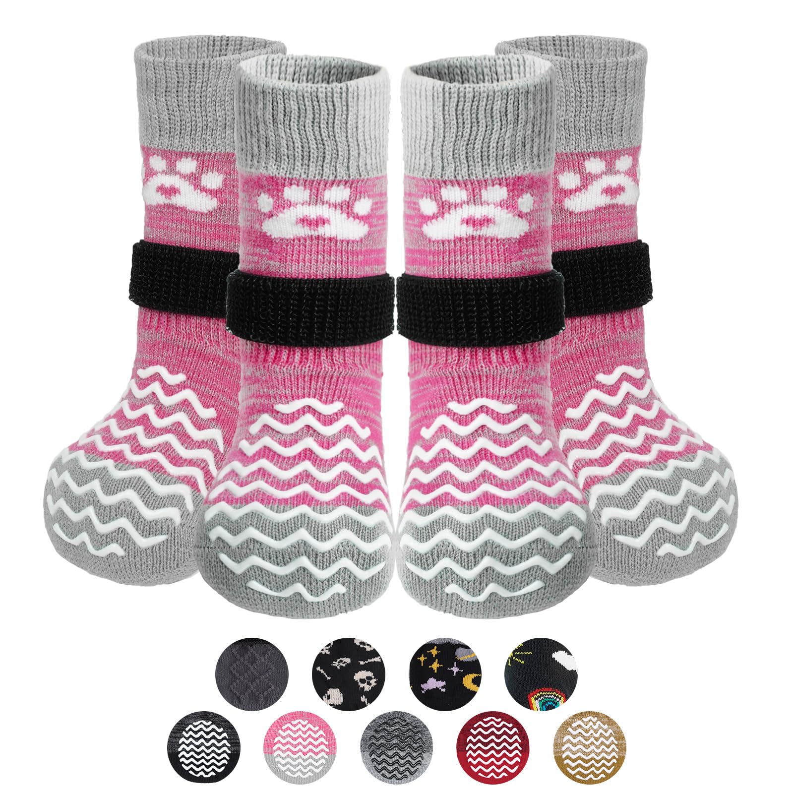 PUPTECK Anti Slip Dog Socks 2 Pairs with Grips for Hardwood Floors, Shoes for Hot/Cold Pavement, Paws Boots Stop Prevent Licking, Booties for Senior Small Large Dogs
