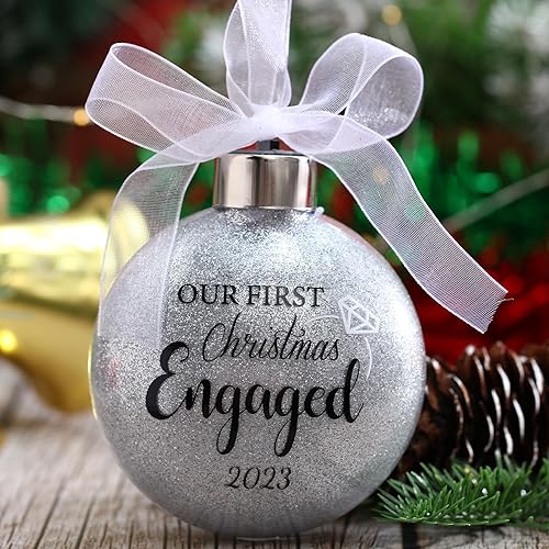 Yuntau Adorno LED para la primera Navidad, regalo de compromiso 2023, adornos de cristal con luz, esfera plana plateada transparente, adorno de
