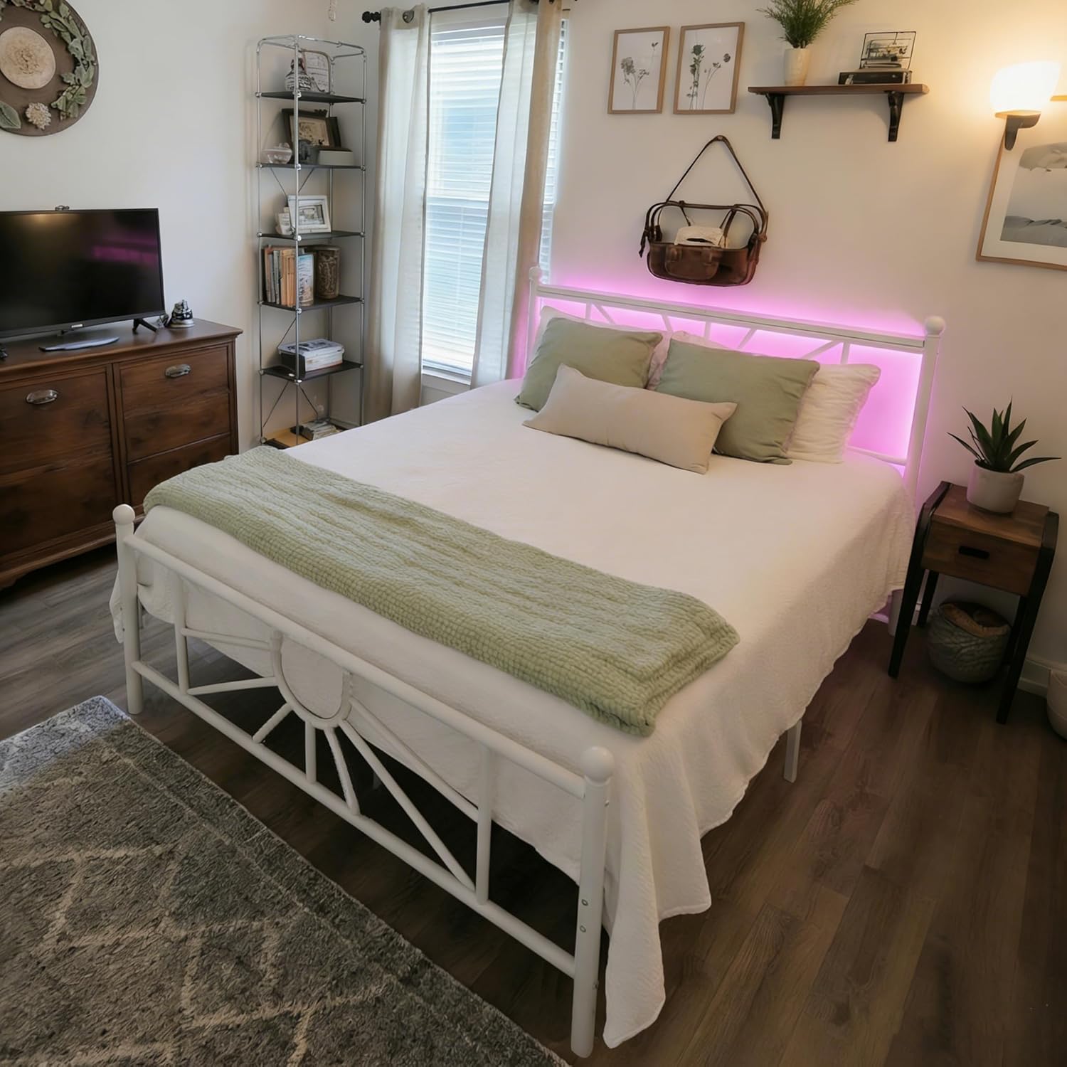 King Size Metal Platform Bed Frame with Classic Iron-Art Headboard and LED Light, Mattress Foundation with Under Bed Storage/No Box Spring Needed/Noise-Free/Easy Assembly, White