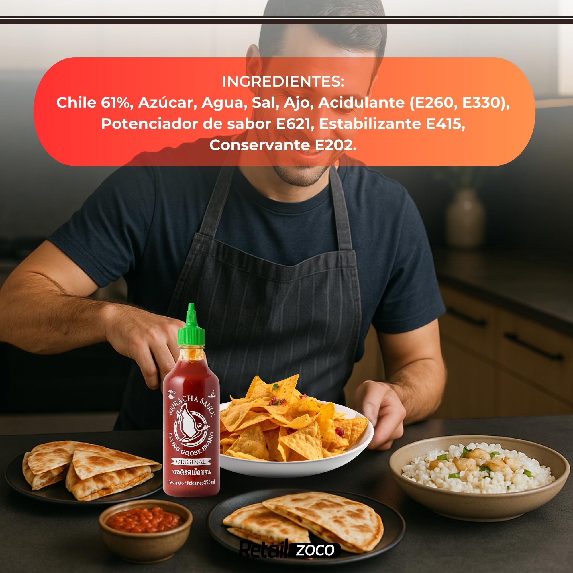 Salsa picante Sriracha, Salsa Chile Sriracha, Condimento con toque Picante, Flying Goose, Sin Gluten, Vegana, Halal, Ideal para cualquier comida, 455 ml