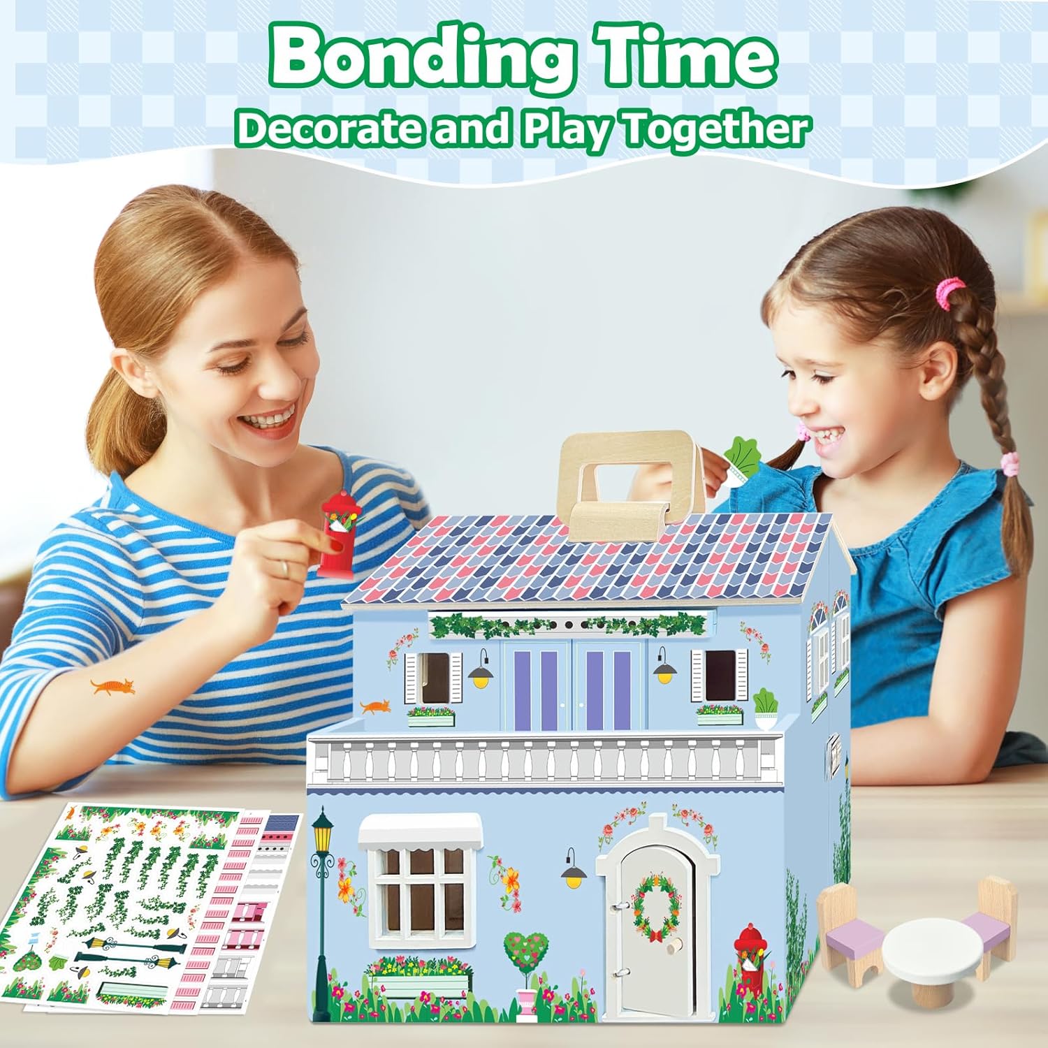 DIY Wooden Dollhouse with 3 Sticker Sheets – Create 2 Styles (White & Pink), Foldable Design with Portable Handle & Metal Lock, 4 Rooms, 16 pcs Furniture, 2 Dolls, Gift for Kids Ages 3