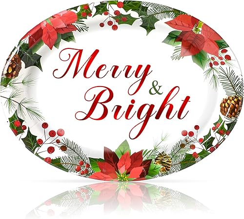 Sawowkuya 50 platos de papel de Navidad, platos ovalados de papel de 10 x 12 pulgadas, platos desechables de papel floral alegre y brillante para
