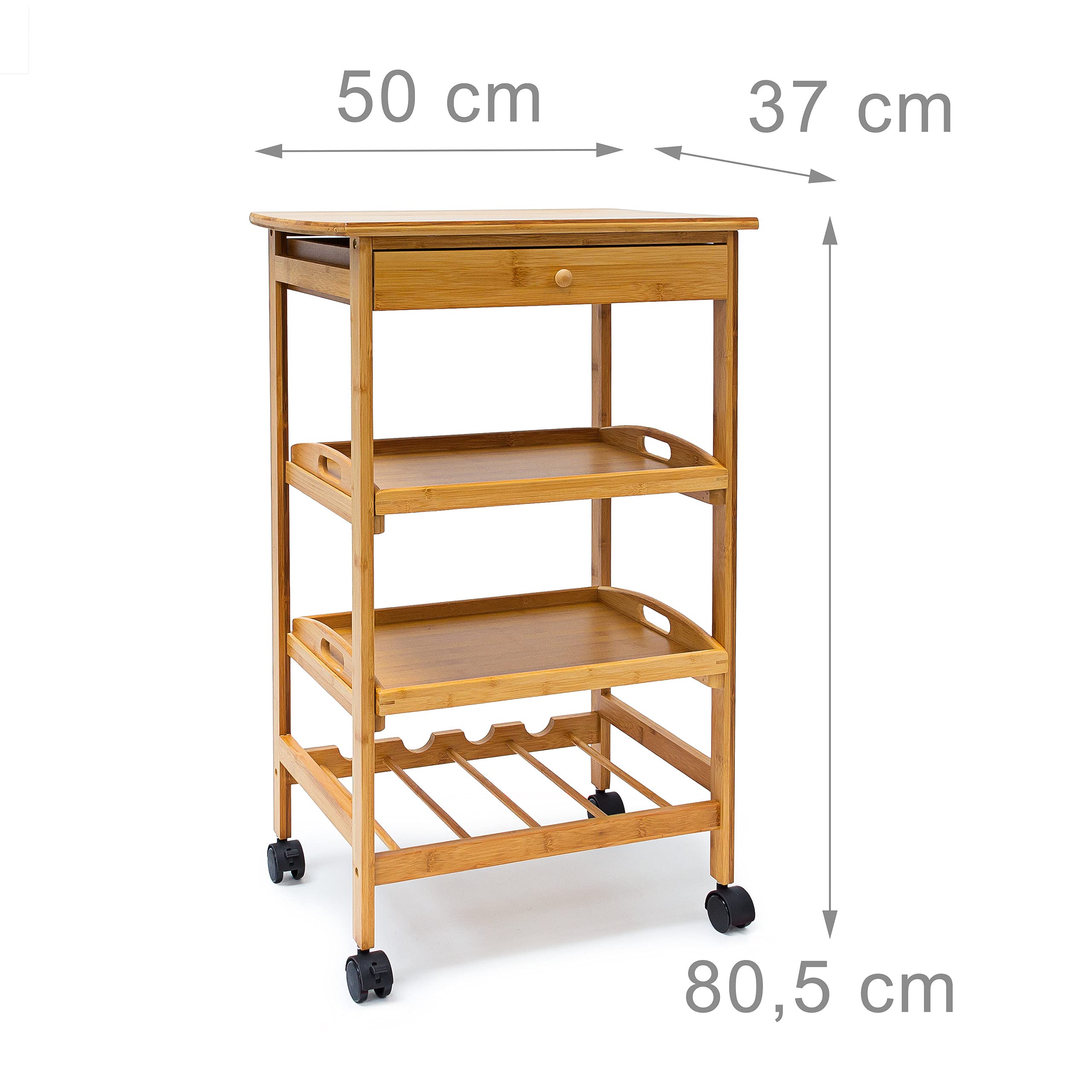 Relaxdays Carrito Auxiliar con Ruedas, 80,5x50x37cm, Verdulero, Carro Cocina, Cajón y 2 Estantes, Bambú, Marrón Natural