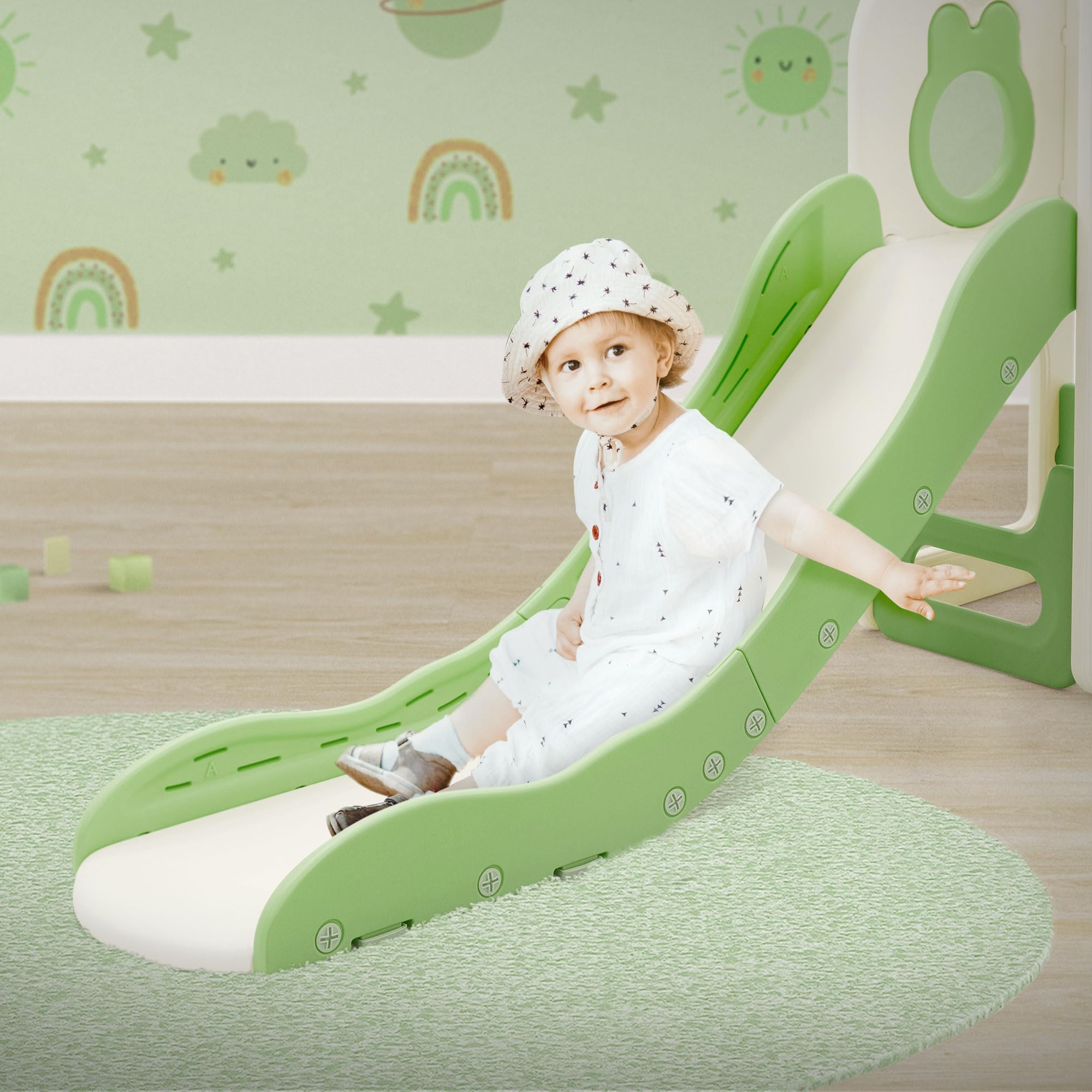 Joyz Tobogán Infantil 3en1 con Refuerzo Antideslizante Plástico Blanco-Verde Juego de Torre con Canasta de Baloncesto Balón y Bomba de Aire Parque de Interior y Exterior para Niños a Partir de 3 Años