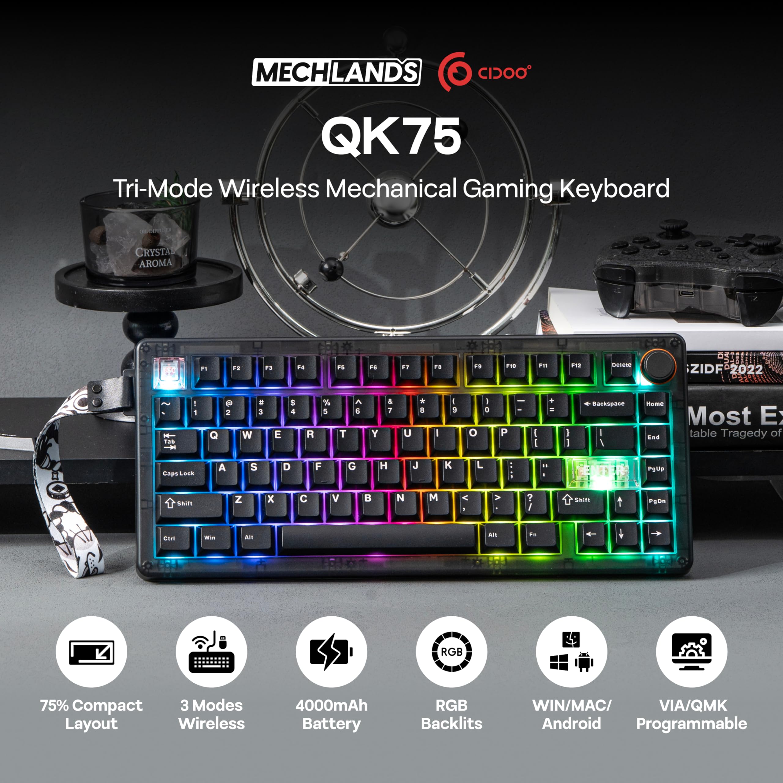 MechLands CIDOO QK75 VIA Tastiera Compatta Programmabile 75%, USB-C/BT5.0/2.4Ghz Wireless, Hot Swap Tastiera Meccanica Personalizzata con Guarnizione Montata, Piastra PC, Batteria 4000mAh per Win/Mac