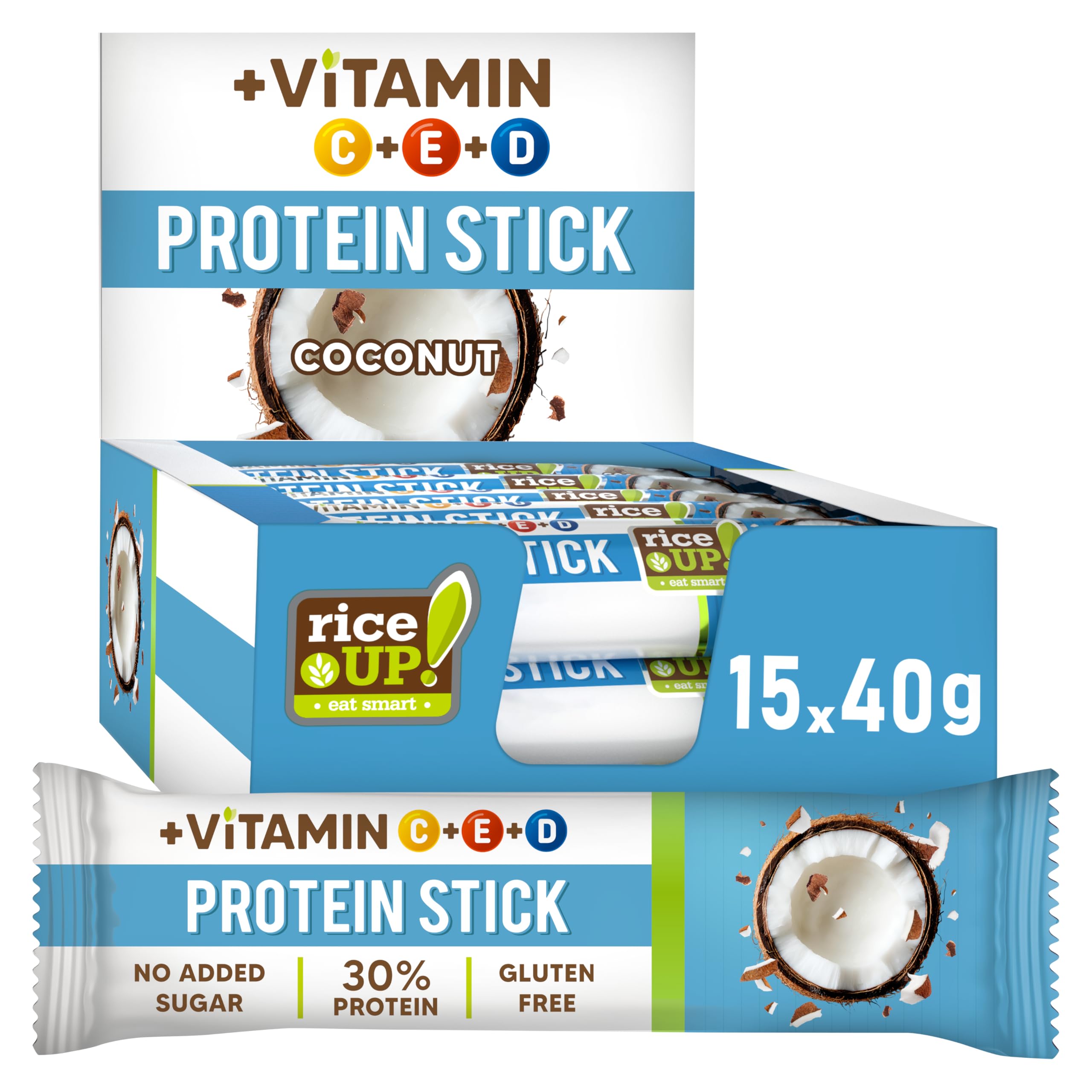 RiceUP! Barretta proteica vitaminica al cocco | Barretta proteica al 30% con vitamine C, D ed E | Senza zuccheri aggiunti | Senza glutine | Senza olio di palma | 15 x 40 g