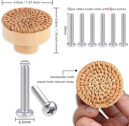 Miniatura 2 de ETIUC 12 pomos de ratán para cajones, pomos bohemios de madera hechos a mano, perillas de madera para cajones, herrajes de mimbre tejido bohemio