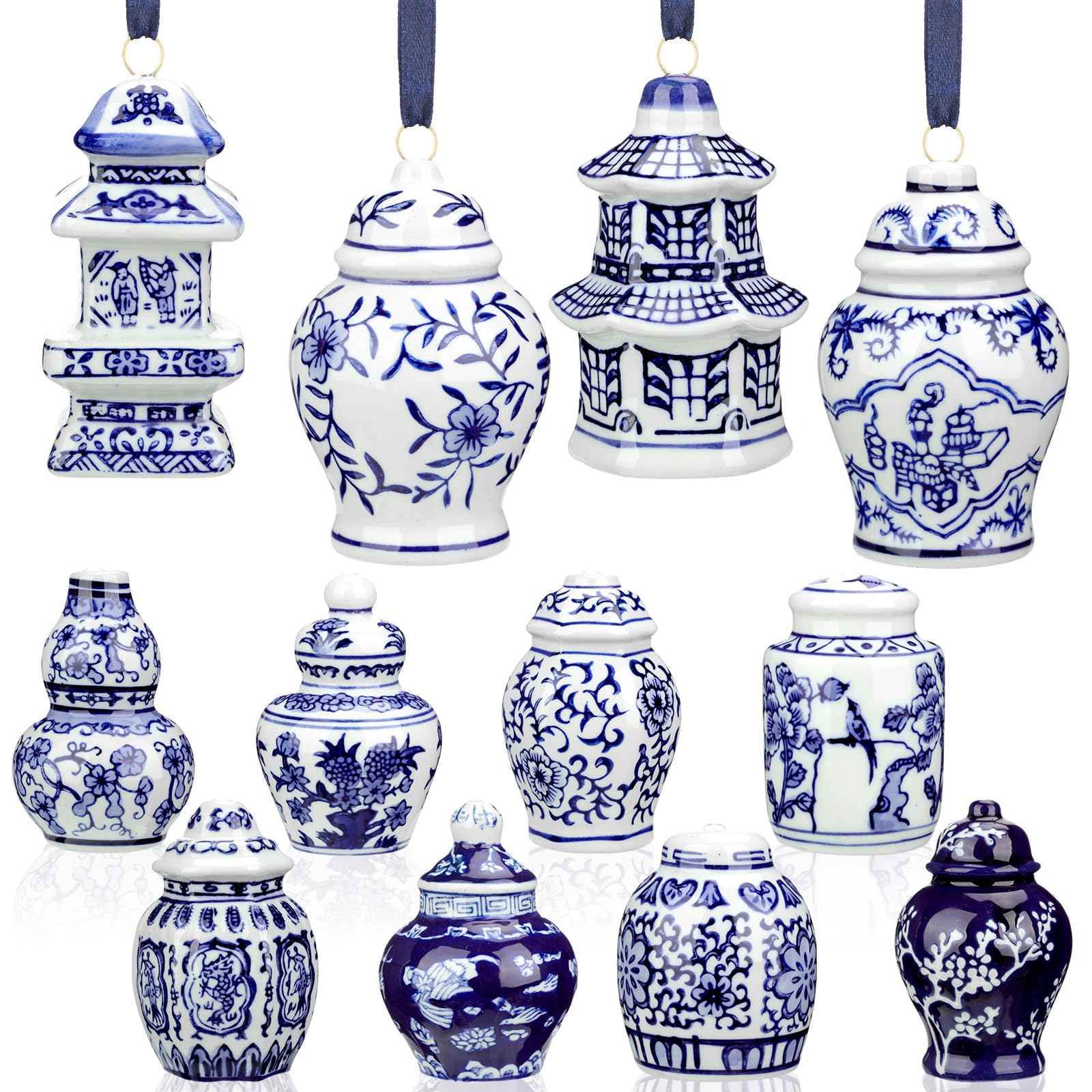 Boule Noël Céramique Lot De 9 Décorations Arbre De Noël Porcelaine Bleue - Mini Pots De Gingembre 9 Cm Vintage