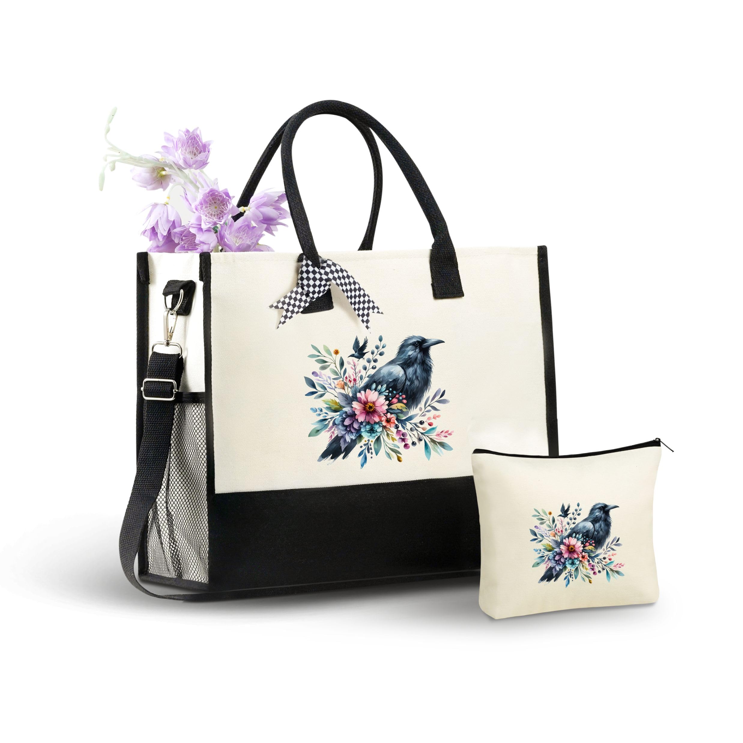 InnoBeta Crow Gifts for Women Canvas Tote Bag, Crow Gifts Tote with Top Zipper Closure and Shoulder Strap for Birthday, Mother's Day, Christmas