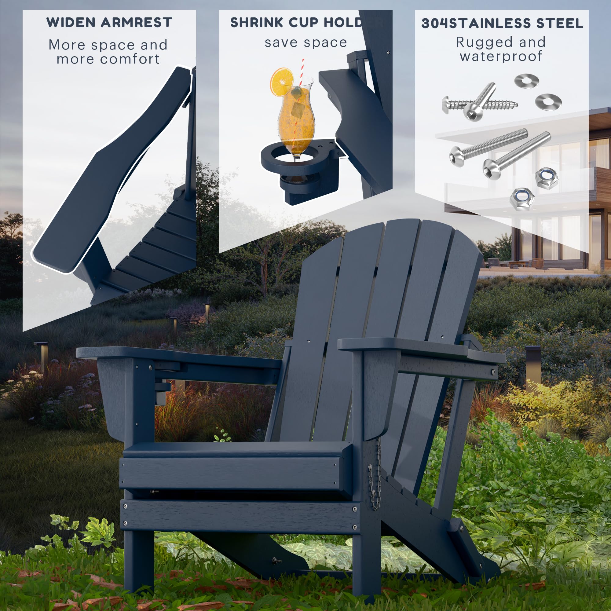 Sillas Adirondack, silla Adirondack plegable de polietileno de alta densidad para todo tipo de clima con portavasos para jardín, terraza, patio trasero y patio (azul)
