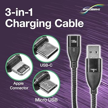BoxWave Cable Compatible with JOLIKE D22 - MagnetoSnap PD AllCharge Cable (100W), Magnet Charging Braided USB Type-C Micro - Jet Black