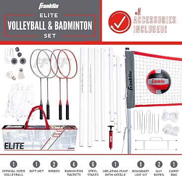Franklin Sports Volleyball + Badminton Combo Sets - Backyard + Beach Outdoor Volleyball + Badminton Net Set - Portable Badminton + Volleyball Net with Poles - Volleyball, Rackets + Birdies Included