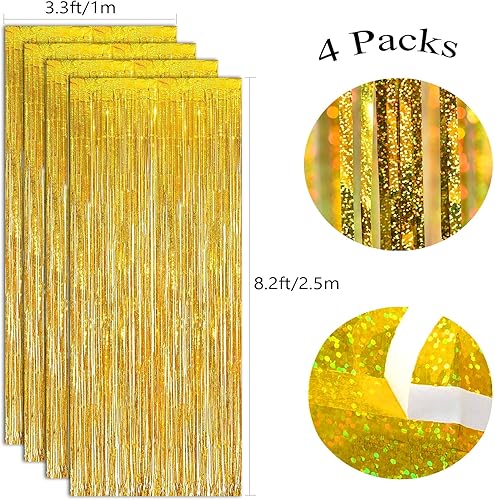 Miniatura 2 de 4 telón de fondo de flecos dorados de 12.8 x 8.2 pies, cortina de flecos de oropel metálico con purpurina, cortina de telón de fondo dorado para