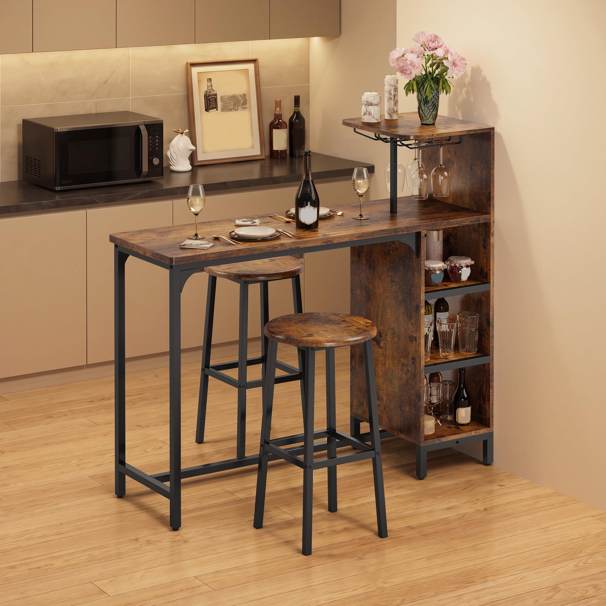 Xbro Angolo Bar per Casa con 2 Sgabelli, Tavolo da Bar Industriale con Porta Calici e 6 Portabottiglie, Mobile Bar con Ripiani Laterali, Banco Bar Salvaspazio in MDF e Metallo, 120x40x120 cm