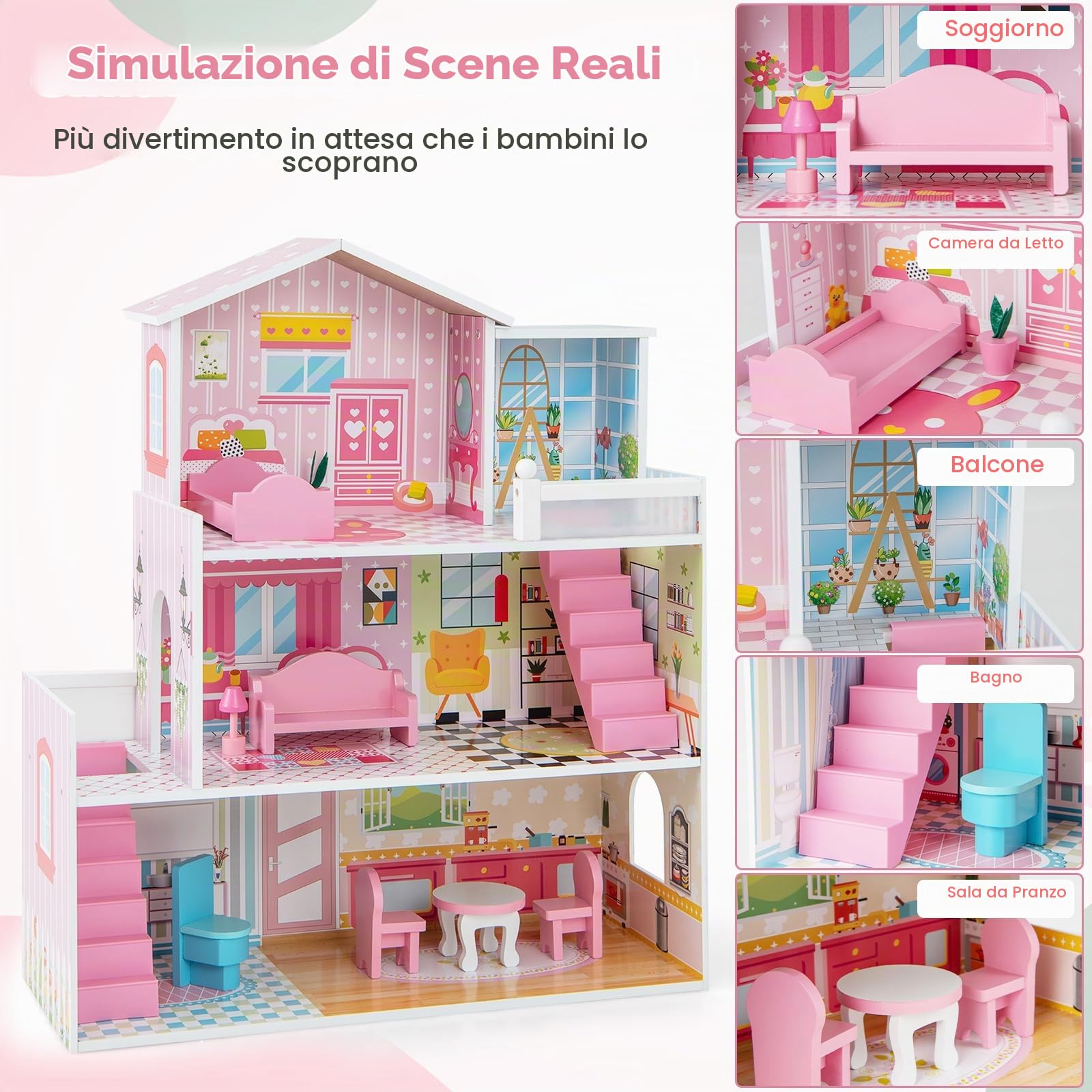 HOMASIS Casa delle Bambole a 3 Ripiani, Casetta Legno Bambole con 5 Stanze, Villa dei Sogni, Giochi per Bambine e Bambini dai 3 Anni, 60 x 25 x 70 cm, Rosa