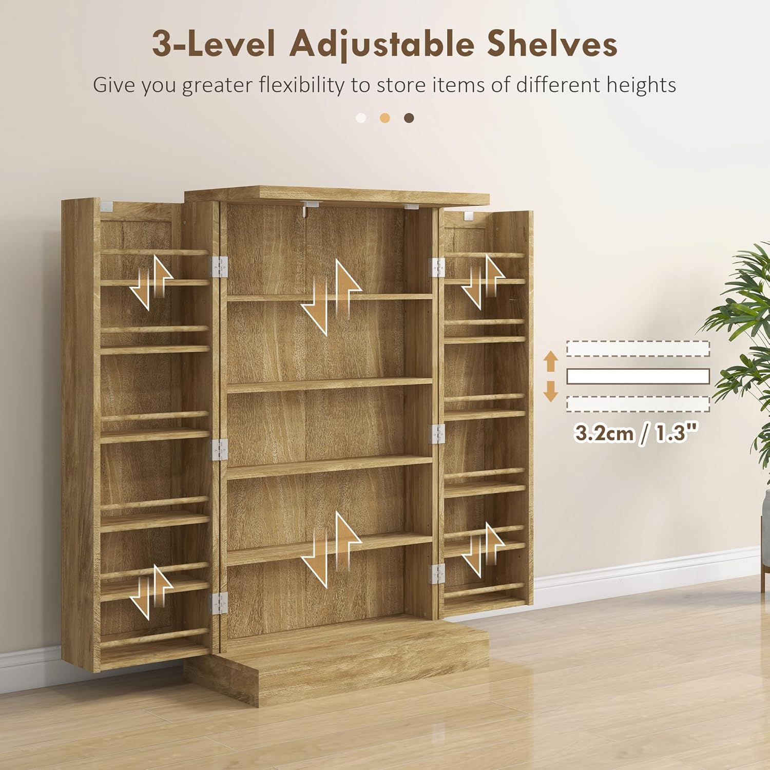 Image illustrating the adjustable shelf feature with arrows indicating vertical movement