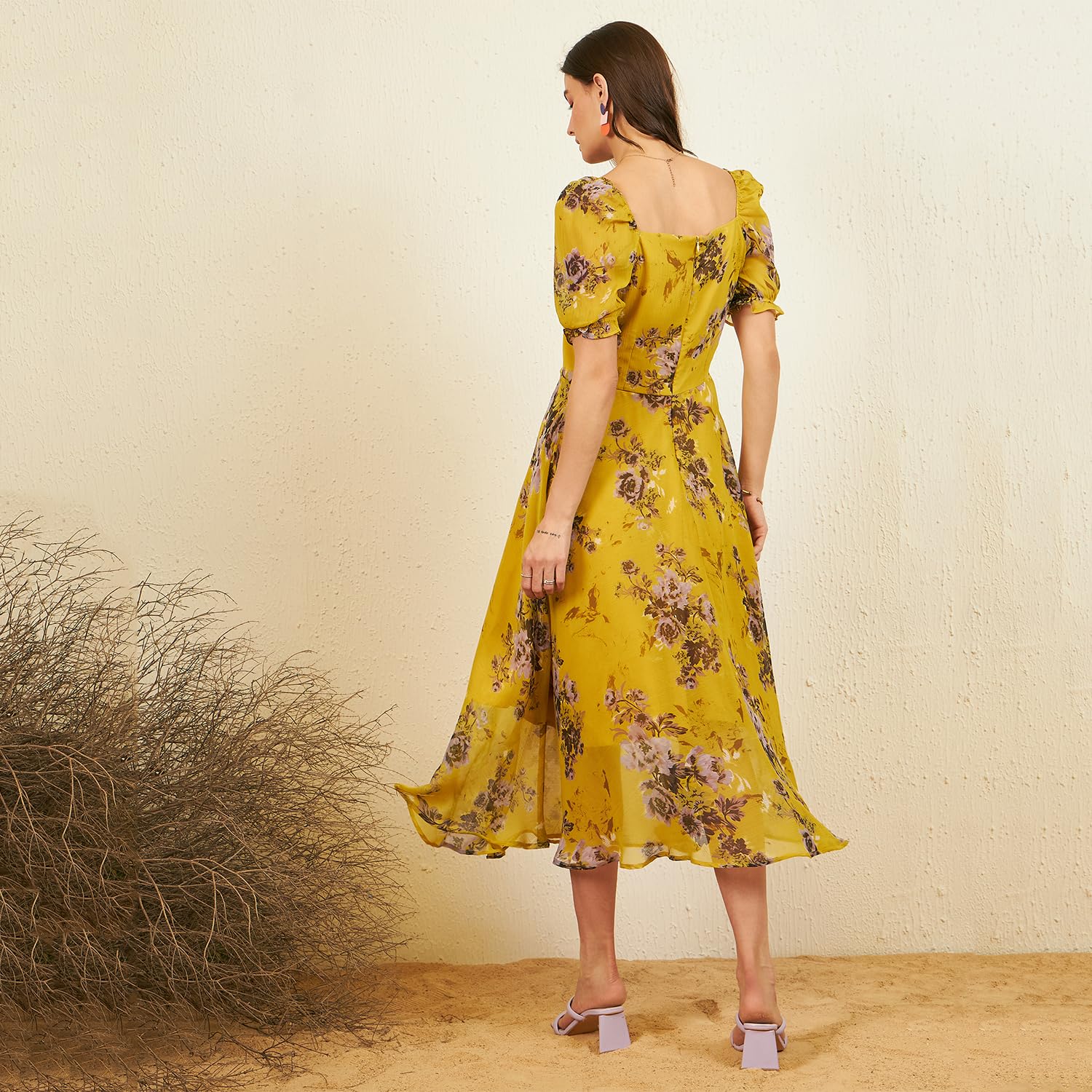 Rare Women's Chiffon Fit And Flare Maxi Dress (Ep6218G_Yellow_M)