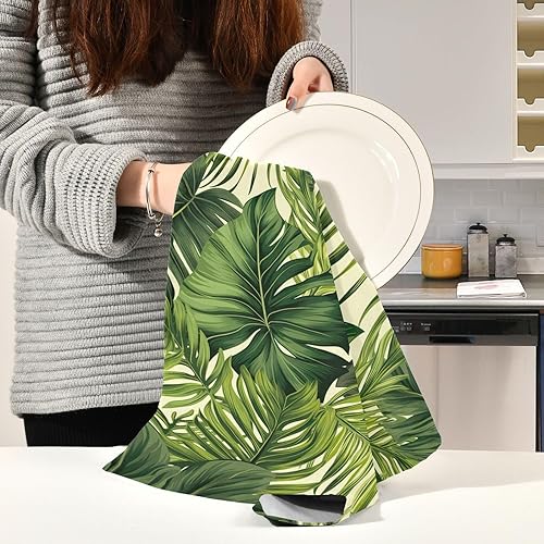 Miniatura 6 de RPLIFE Toallas de cocina con estampado de hojas de palma y palmera en verde para secar platos, 28 x 18 pulgadas, toallas de mano impresas absorbentes
