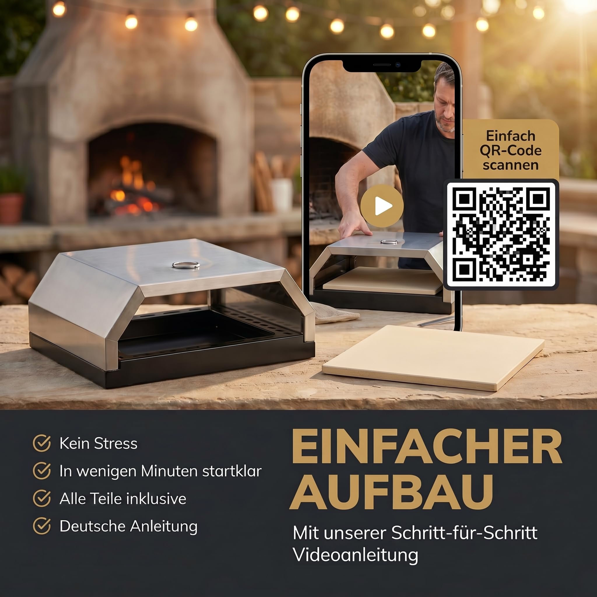 Pizzaofen aus Edelstahl mit Pizzastein für Gasgrill & Holzkohlegrill – Pizzabox für BBQ mit Thermometer (Silber)