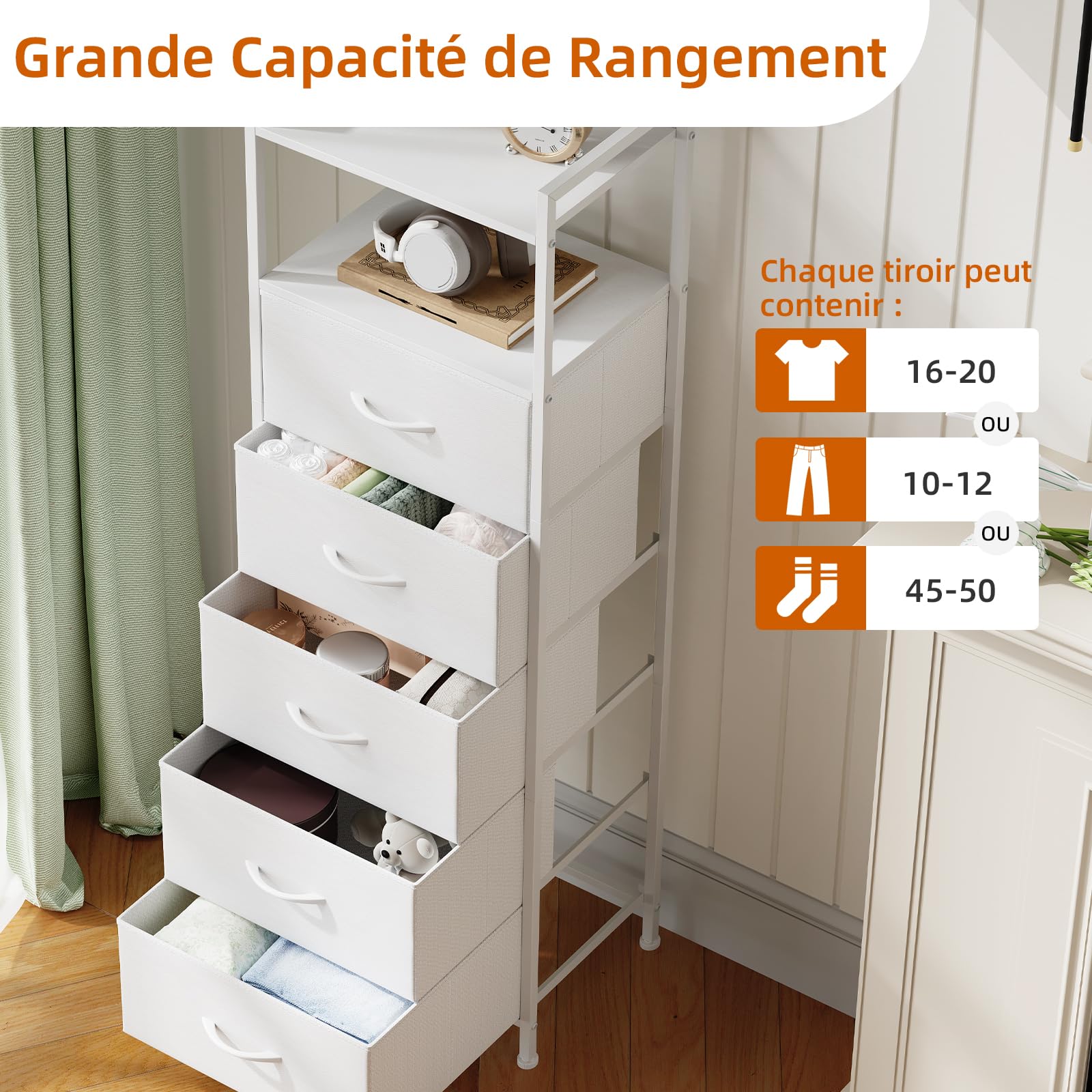 Somdot Commode Chambre, Meuble de Rangement Haute en Tissu avec Cadre en Acier, Chiffonnier pour Adult Salon Couloir Entrée Placard, 29P x 38,7l x 107H (5 Tiroirs), Blanc