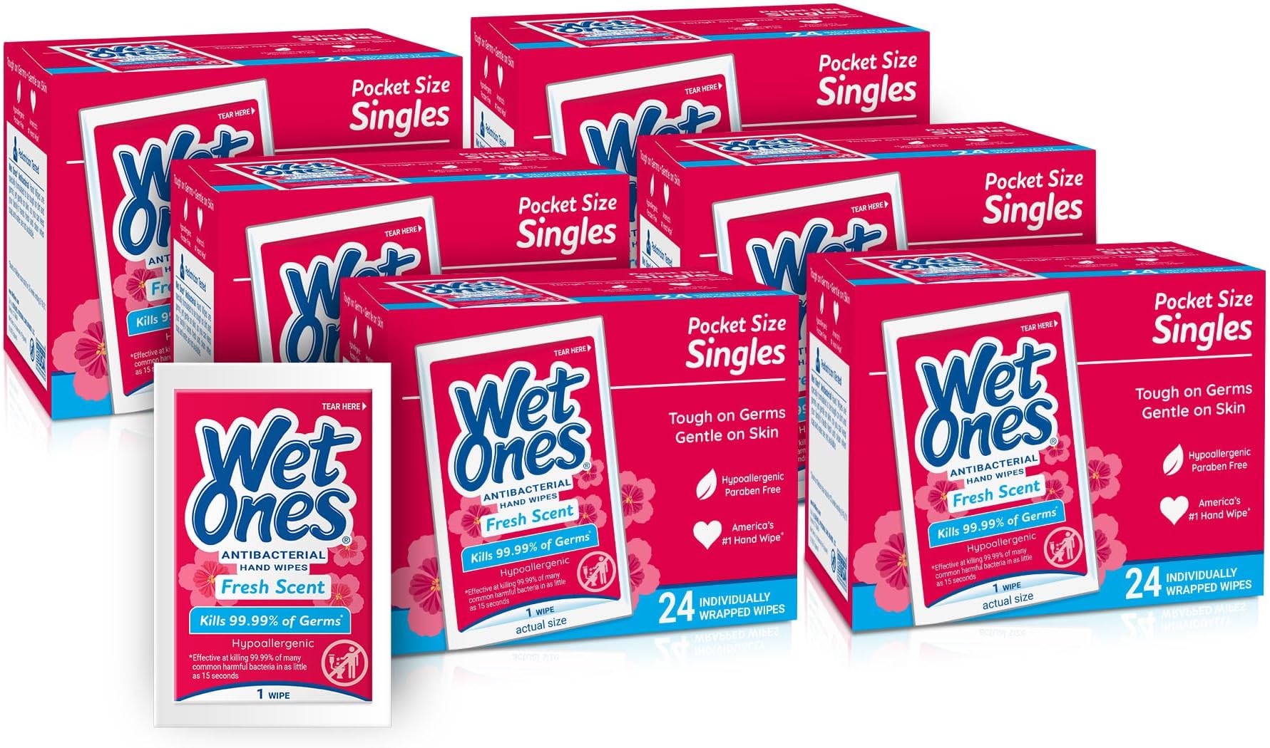 Wet Ones Antibacterial Hand Wipes Singles, Fresh Scent Wipes | Individual Wipes, Antibacterial Wipes, Hand Wipes Individually Wrapped | 24 ct. (6 pack)