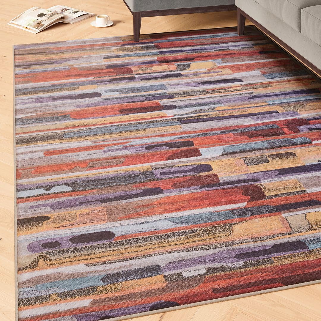 Machine Washable Colourful Multi Cotton Runner Rugs Modern Abstract Stain Resistant Liquid Repellent Living Area Hallway Rug 60cm x 240cm (1ft 12" x 7ft 10")