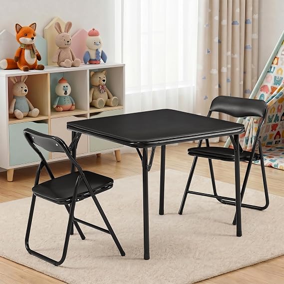 VECELO Kids Folding Activity Table and Chairs 3 Piece Set, Portable, with Ultra Soft Padded Cushion, Solid Black
