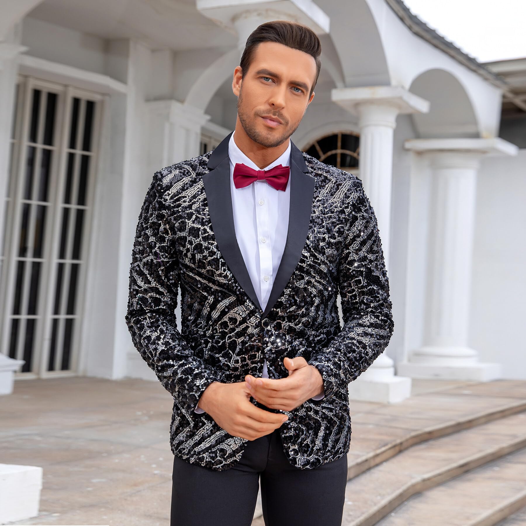 Allthemen Blazer Homme à Paillettes Casual Veste de Smoking Slim Fit Dorés pour Soirée