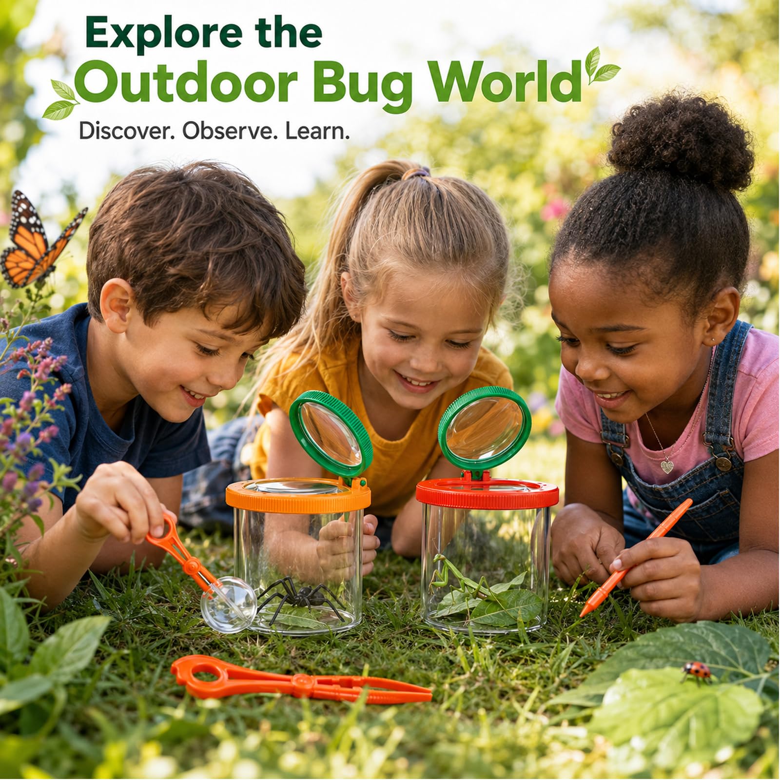 Becherlupen für Kinder,2 Stück Insektenfänger,Becherlupen für Kinder Lupenbecher Insektenfänger,mit Schmetterlingsfangnetz,Pinzette,Kleinkindspielzeug für Outdoor Wissenschaft Natur Erkundung