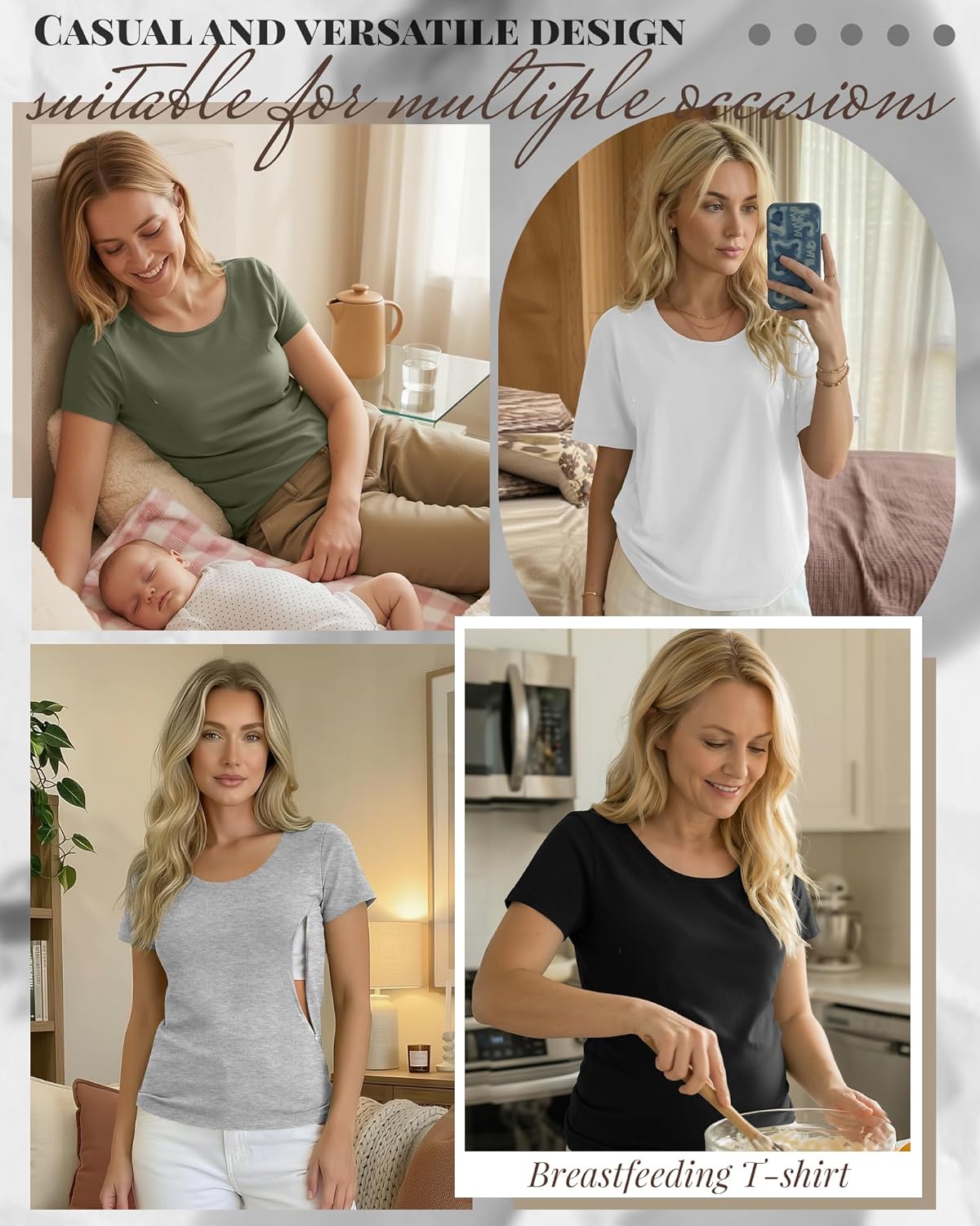 Ficerd 4 Pack Women's Nursing Shirts for Breastfeeding with Hidden Zipper Scoop Neck Loose Fit Short Sleeve Maternity Tops