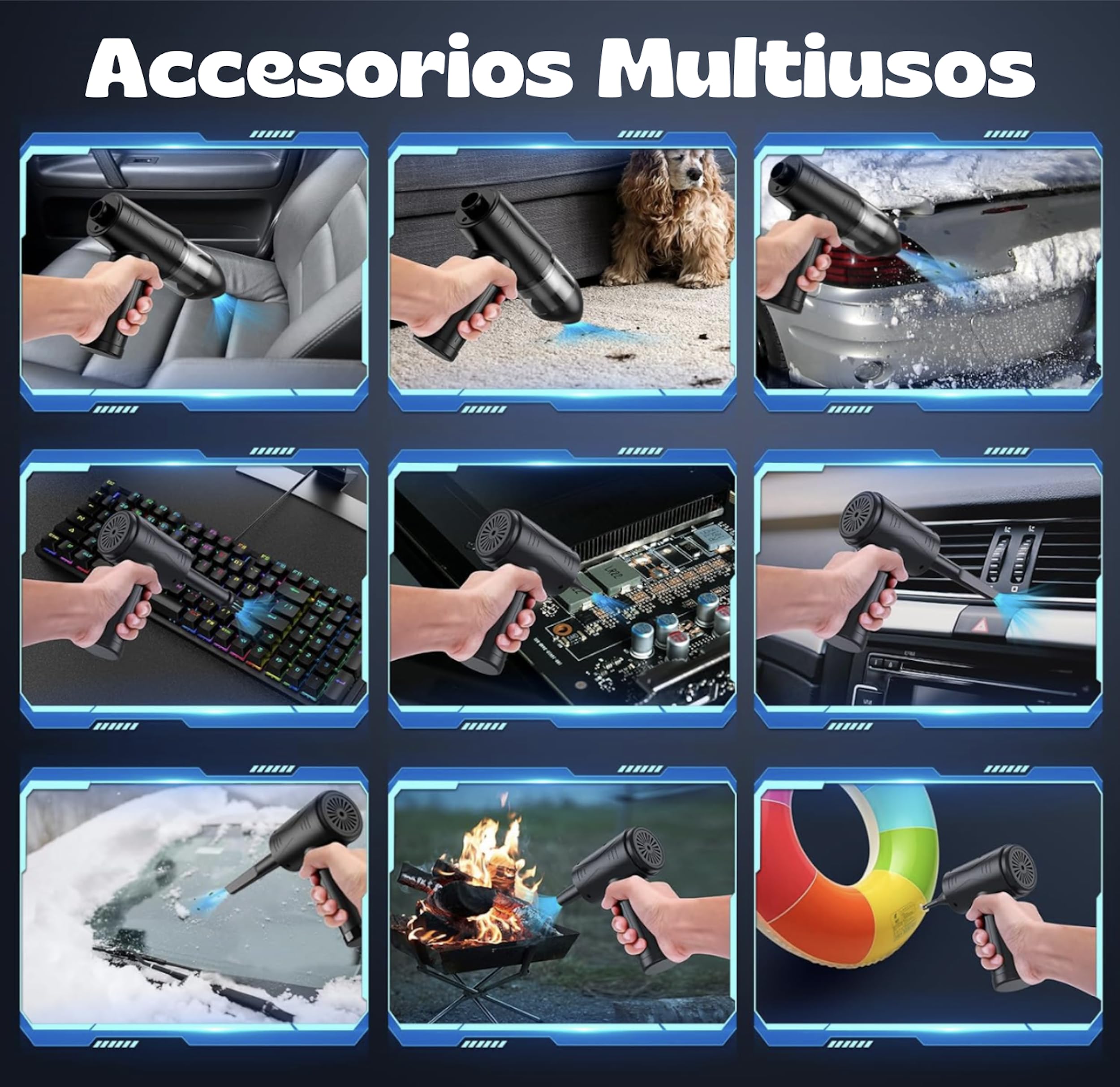 Soplador de Polvo Eléctrico y Aspirador 2 en 1, Aire Comprimido Limpieza PC, 3 Velocidades, Mini Aspiradora de Mano, Luz Led,Bolsa y Accesorios.12000Pa Succión,Recargable y Portatil.