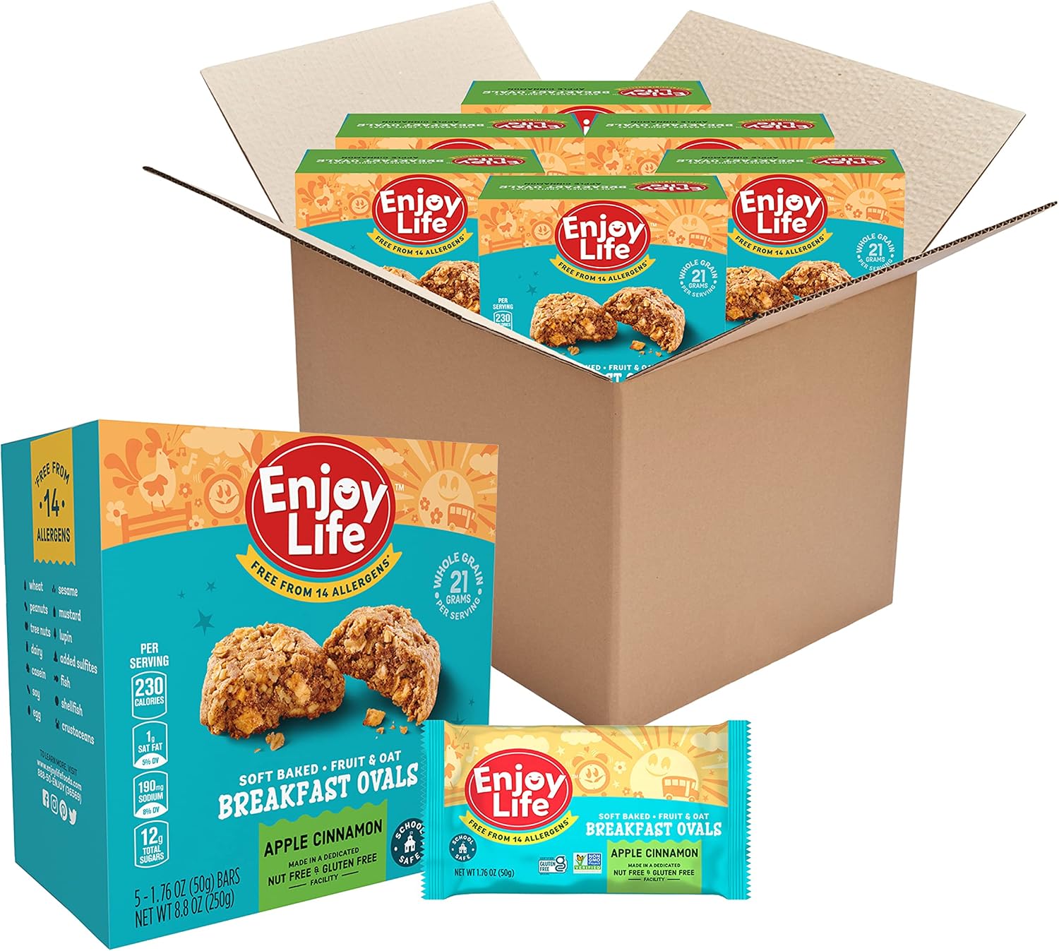 Enjoy Life Soft Baked Apple Cinnamon Ovals Breakfast Bars, Gluten Free, School Safe, Non GMO, Dairy Free, Soy Free, Vegan, Nut Free Bulk Granola Bars, 6 Boxes