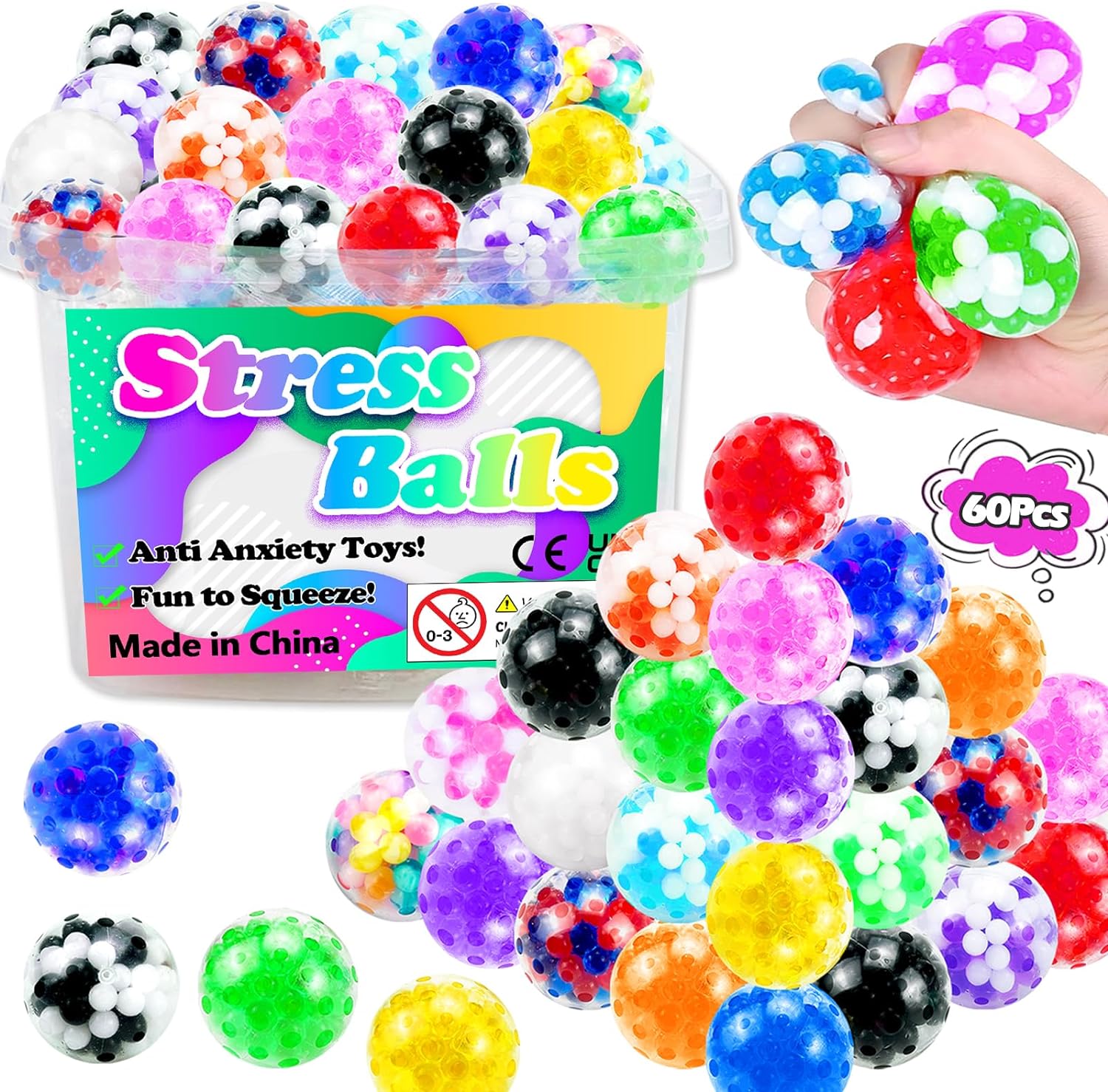 60Pcs Stress Balls, Squeeze Balls Bulk, Small Sensory Balls for Adults Stress Relief, Classroom Prizes, Easter Party Favors, Christmas Goodie Bag Stuffers, Birthday Gifts