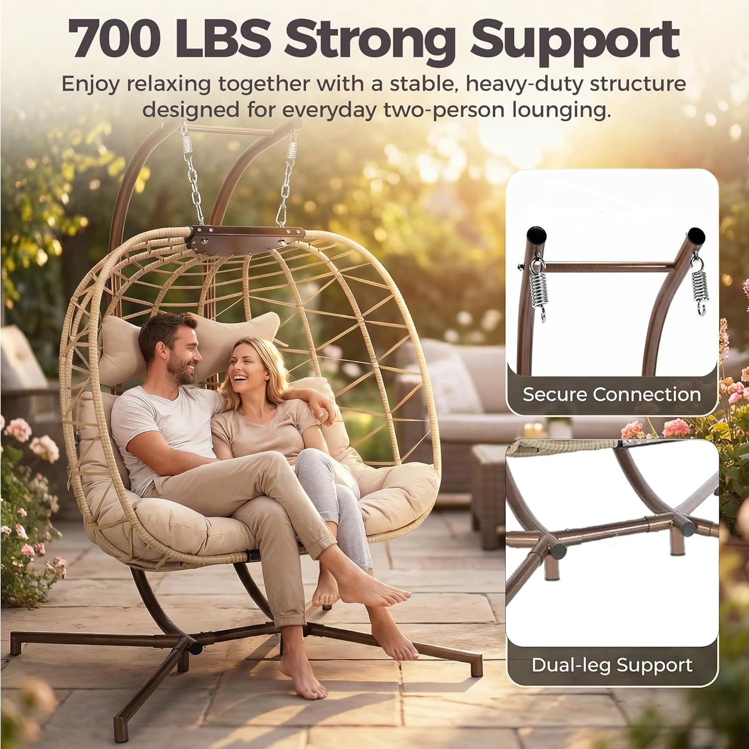 NICESOUL Double Egg Chair Outdoor Indoor, Oversized 2 Person Swing with Stand, All-Weather Large Wicker Hanging Loveseat, Heavy Duty Patio Swinging Seat w/Cushion for Balcony, Beige