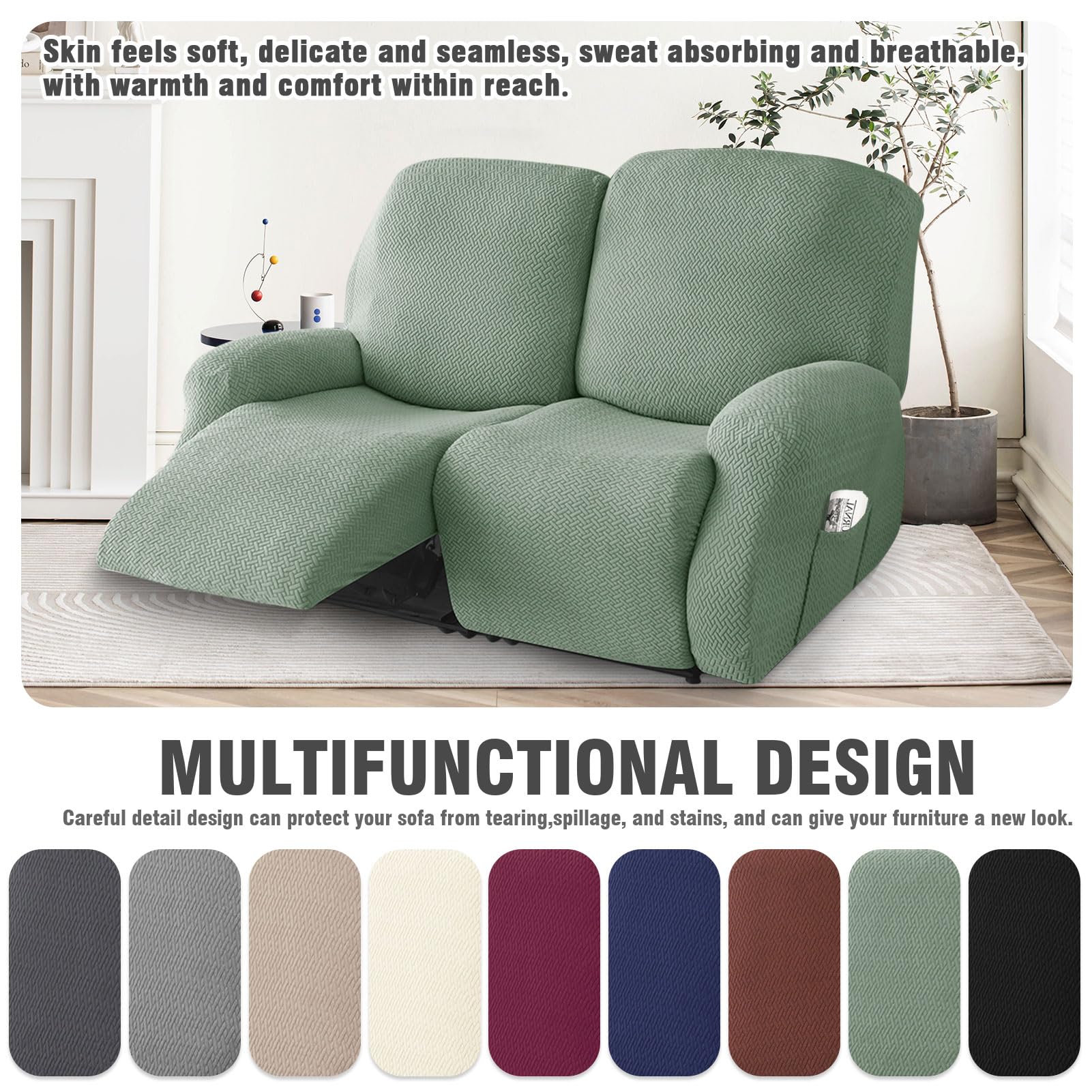 Rivestimento per poltrona a 2 posti, elasticizzato, con tasche, per poltrona e poltrona relax (verde chiaro, 6 pezzi)