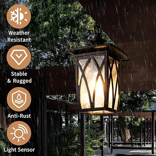 Miniatura 5 de JYZ Linterna colgante para exteriores del atardecer al amanecer, 12 pulgadas, estilo artesano, luz colgante exterior con vidrio ondulado de agua,