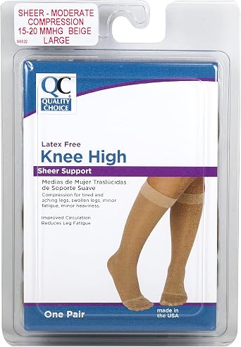 Quality Choice, Compression Hosiery, Sheer Knee High Stockings, Moderate Compression 15-20mmHg, Beige, Large, Made in The USA