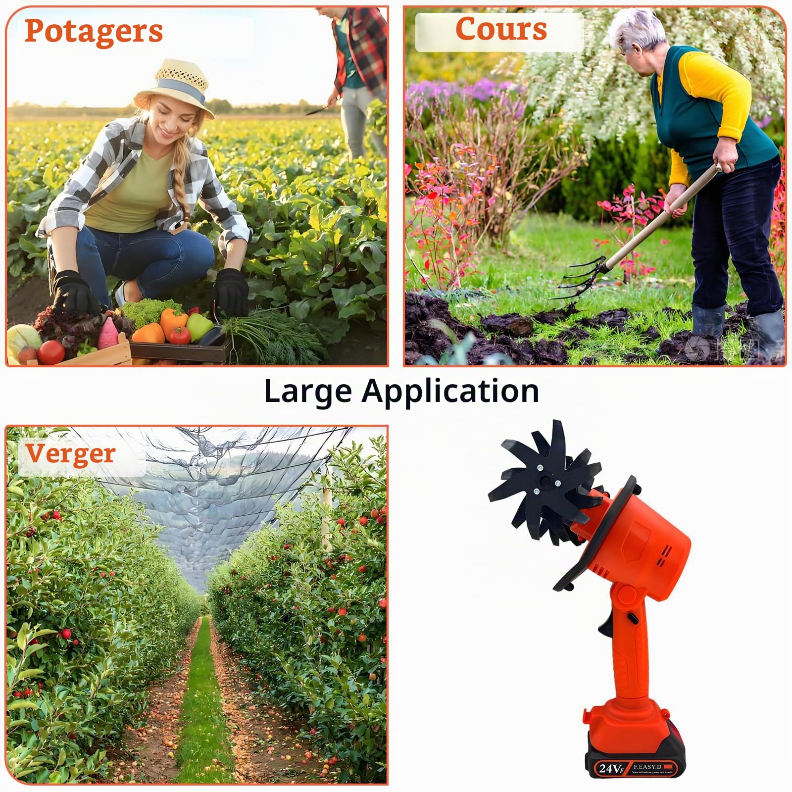 24V Motobineuse Électrique sans Fil 235 RPM Motoculteur Électrique avec 4 RangéEs de Lames en Acier Au ManganèSe Profondeur de Travail du Sol 10 cm Largeur 10 cm pour Jardin, Yard, Culture du Sol