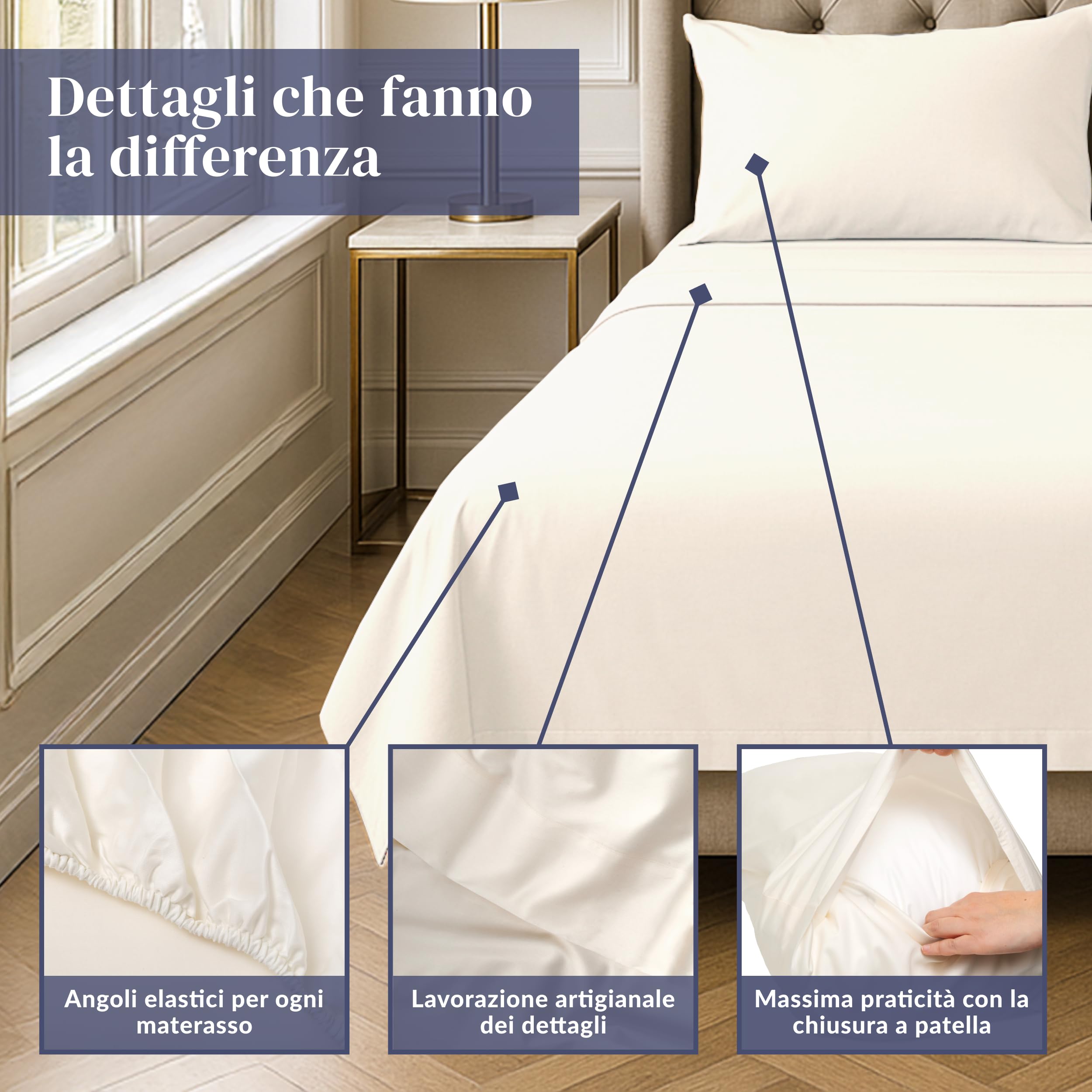 Ferò Completo Letto, Completo Lenzuola Matrimoniali Cotone di Lusso 4 Pezzi, Proteine della Seta, Lenzuolo Angoli 160x200, 2 Federe 50x80, Design Italiano, Raso di Cotone 300TC OekoTex, Bianco Avorio
