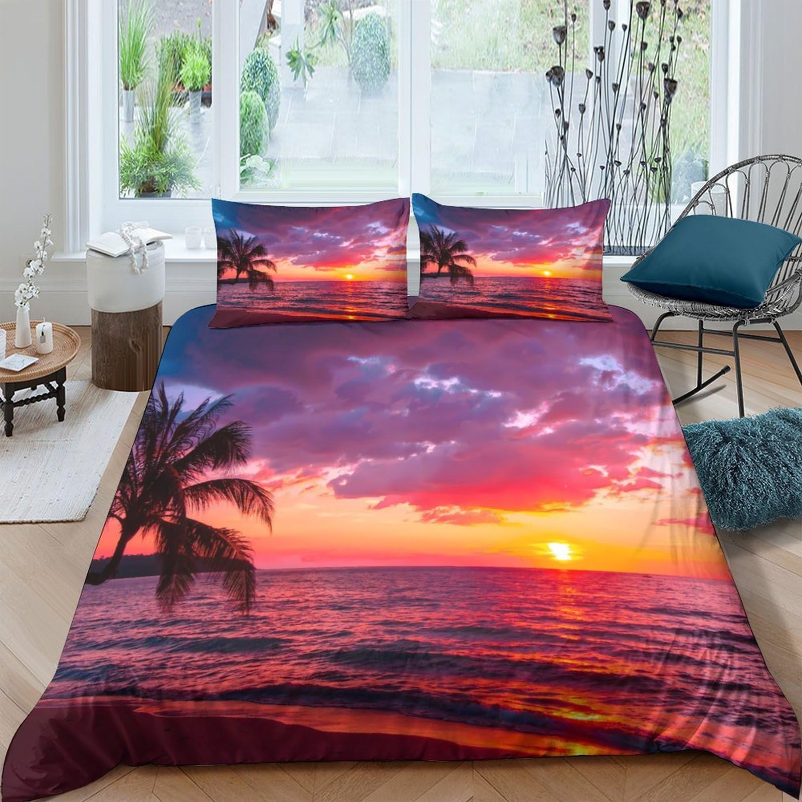 Ctjqhvkz Style-4 3D Printed Sunset Beach Fitted Sheet Microfiber Soft Breathable Palm Ocean Mattress Cover For Bedroom Guest Room Decor Single（135X200cm）