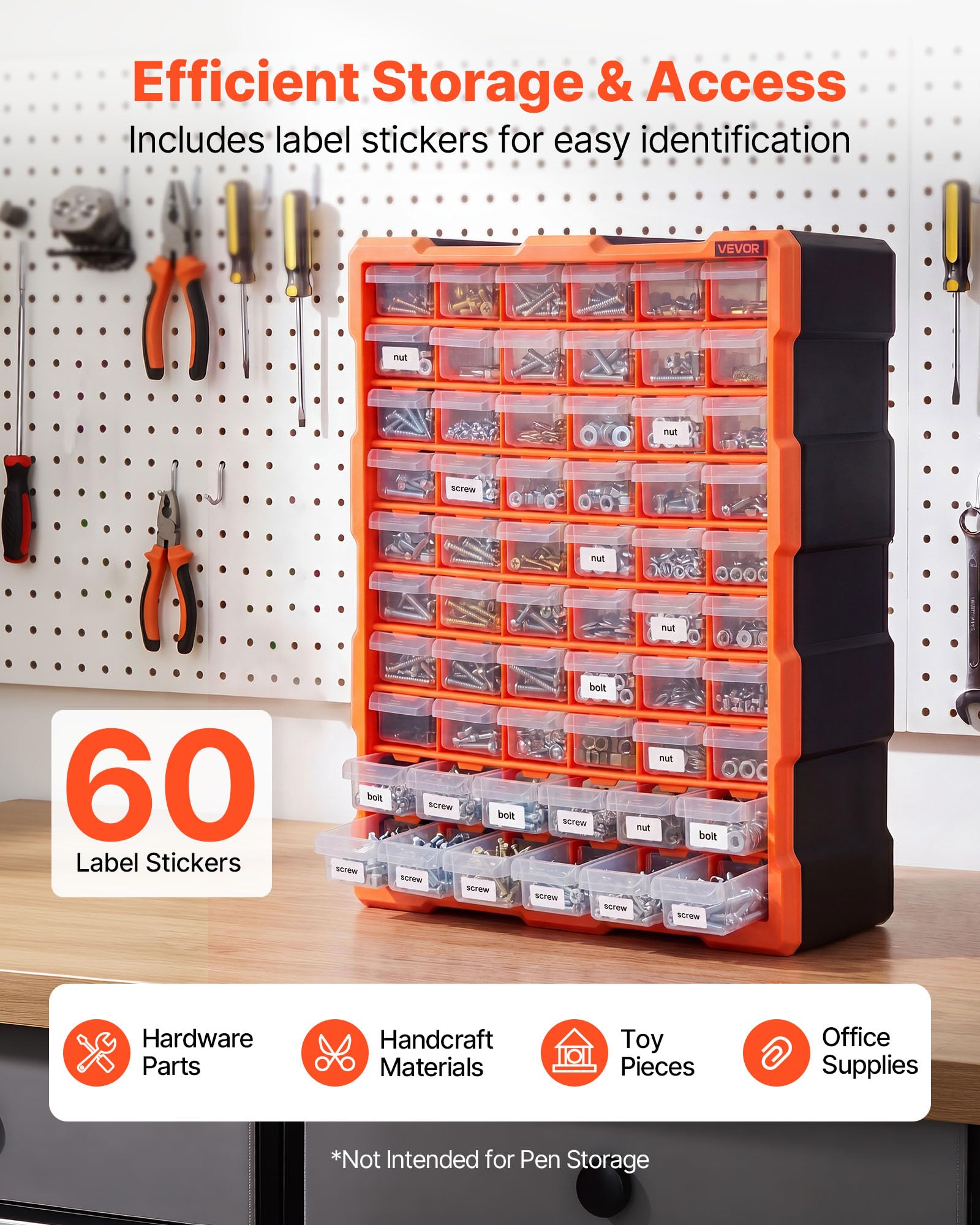 VEVOR Organizer per Minuteria a 60 Cassetti, Cassettiera Porta Minuteria Impilabile, Contenitore da Parete per Viti, Bulloni, Ferramenta e Componenti, in Plastica, Ideale per Garage, Casa e Officina