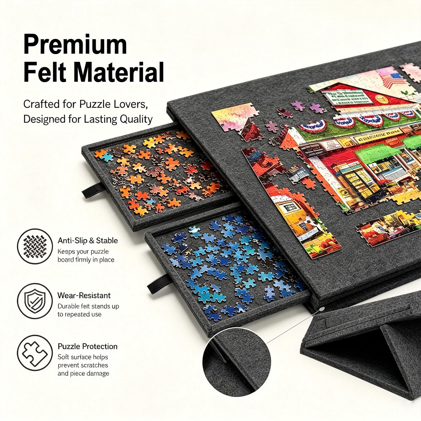 Deska do puzzli 2 w 1 na 1000 elementów z 6 szufladami, uchylny i składany stół do puzzli z filcu z pokrywą i stojakiem, przenośna teczka do przechowywania puzzli (czarna)