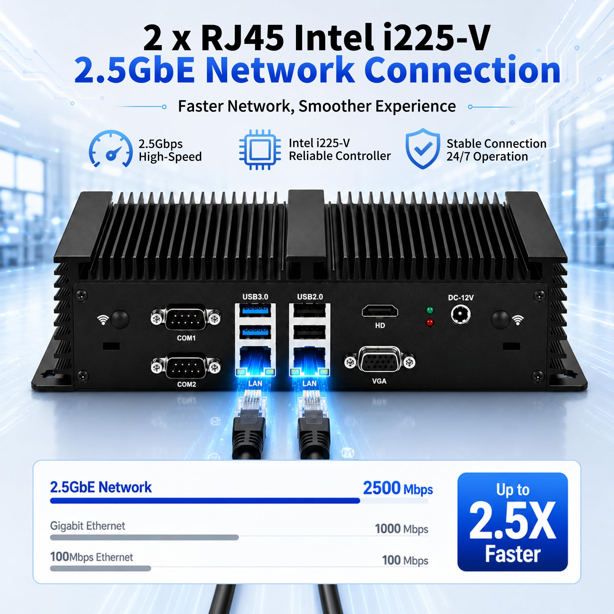 Fanless Mini PC 1185G7 (up to 4.8GHz) Embedded Computer, 2X 2.5GbE LAN, 6X COM(RS232/422/485), Industrial PC, HD+VGA, DDR4 8GB RAM 128GB SSD, 8 USB, SIM Slot, Auto Power On