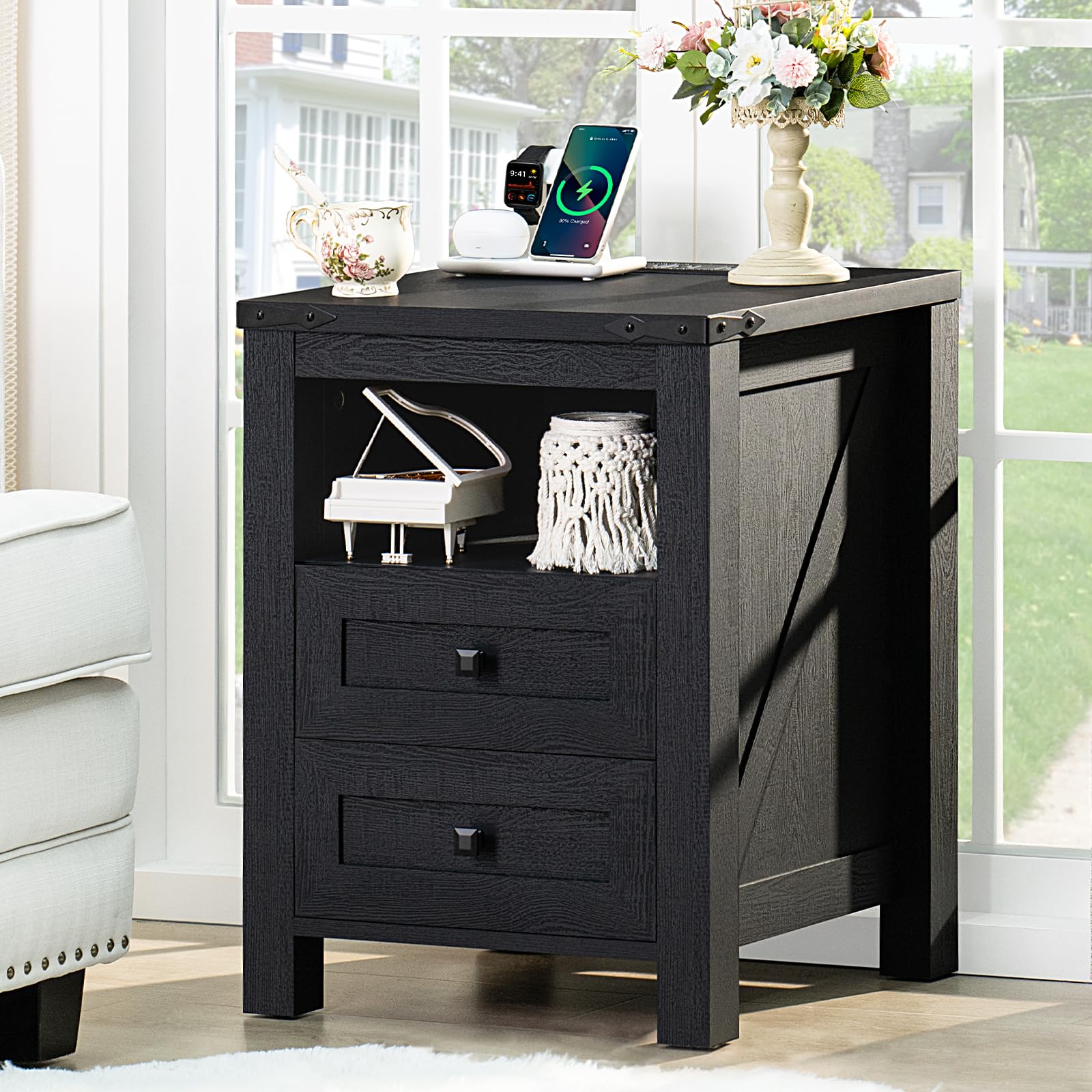 Joaxswe Nightstand with Charging Station, Farmhouse Night Stand with 2 Drawers and Shelf Storage, Wooden Side End Table, Bedside Cabinet for Bedroom,