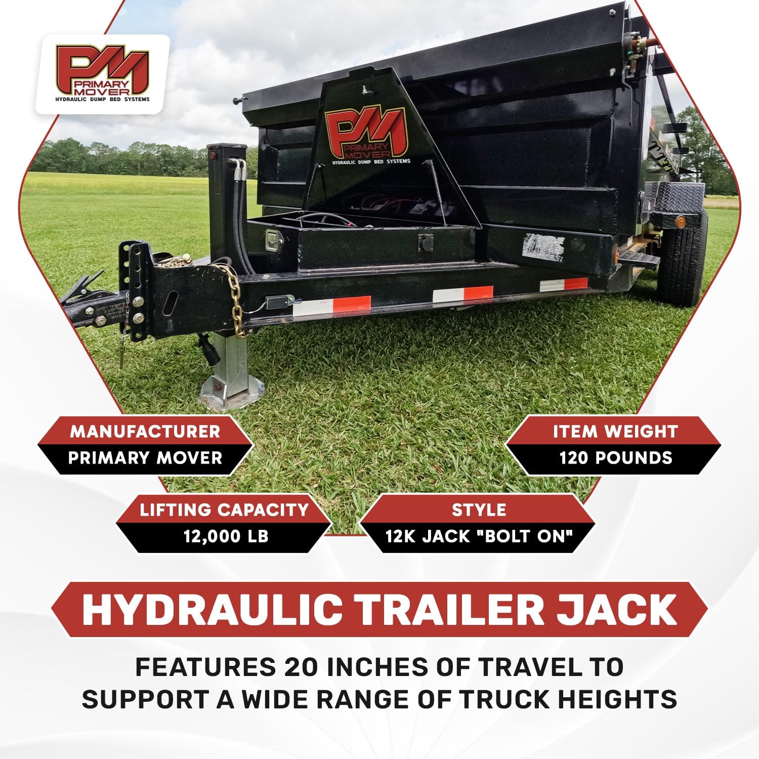 Primary Mover Hydraulic Trailer Jack (12,000 lb) - Power Jack 12K Double Acting, Lift Trailer Jack Stand (Jack Bracket) (12k Jack Bolt On) PFJ-12K-MB