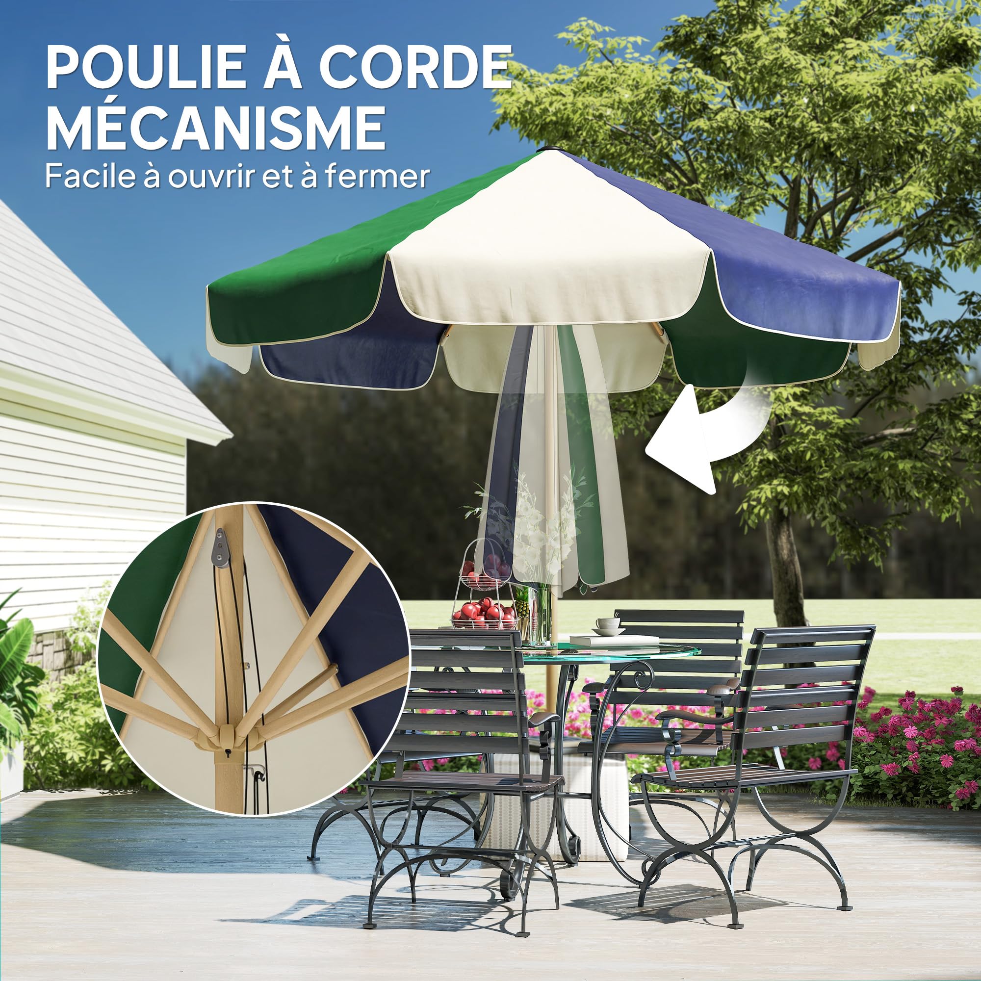 Outsunny Parasol de Jardin à Corde UPF30+ Rétro Ø 226 cm Crème et Vert