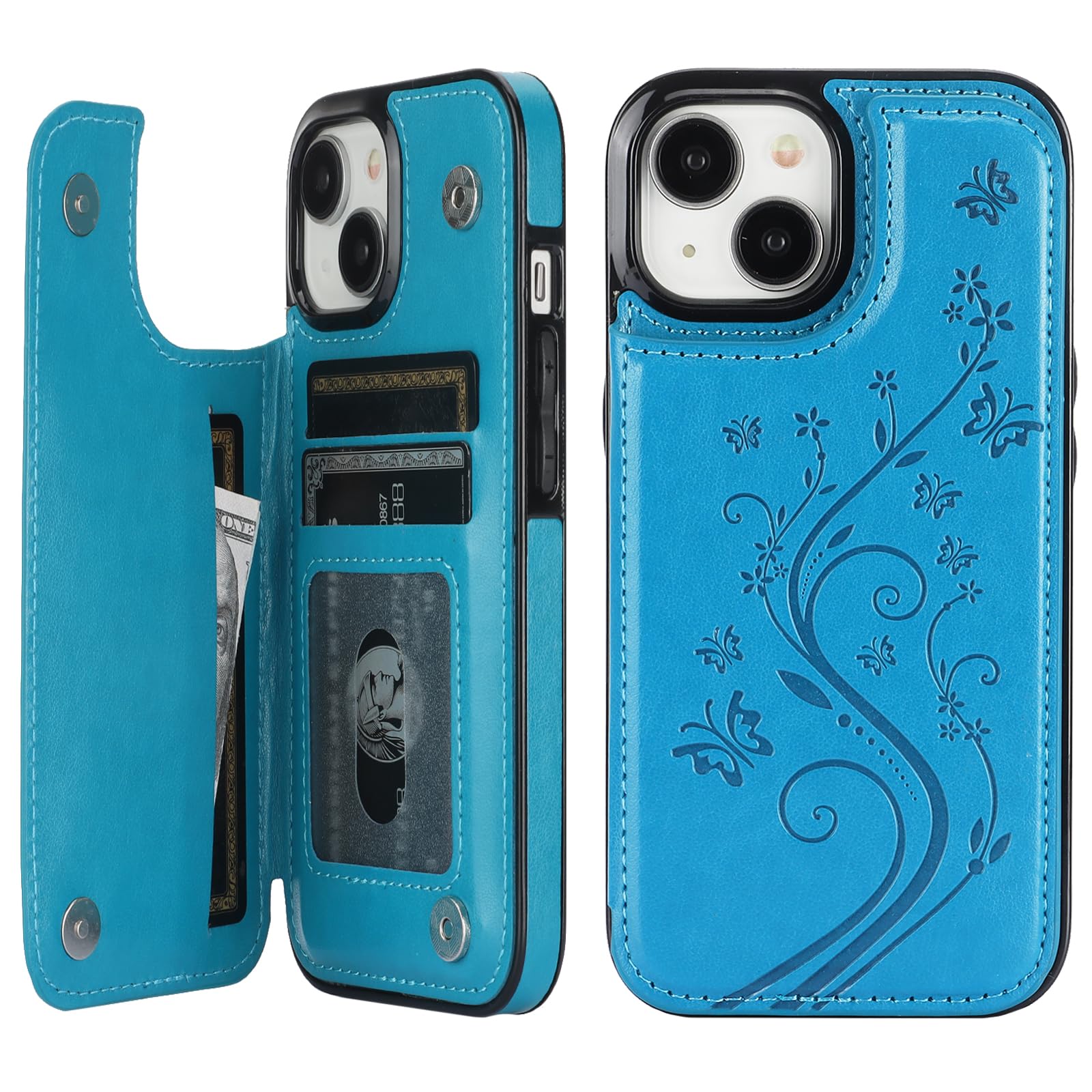 Vaburs Compatible with iPhone 15 Case Wallet with Card Holder,Embossed Butterfly Pattern PU Leather Double Buttons Flip Protective Shockproof Cover