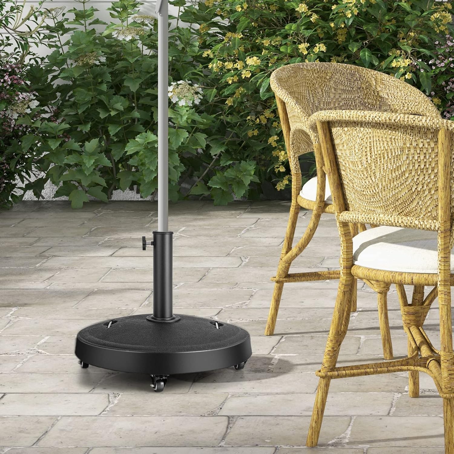 RELAX4LIFE Base Sombrilla Φ52cm con 4 Ruedas con Frenos y 2 Asas Retráctiles para Poste Φ 38/48mm, Pie Sombrilla Terraza Exterior de Resina para Jardín, Patio, Balcón, 52x52x42,5 cm