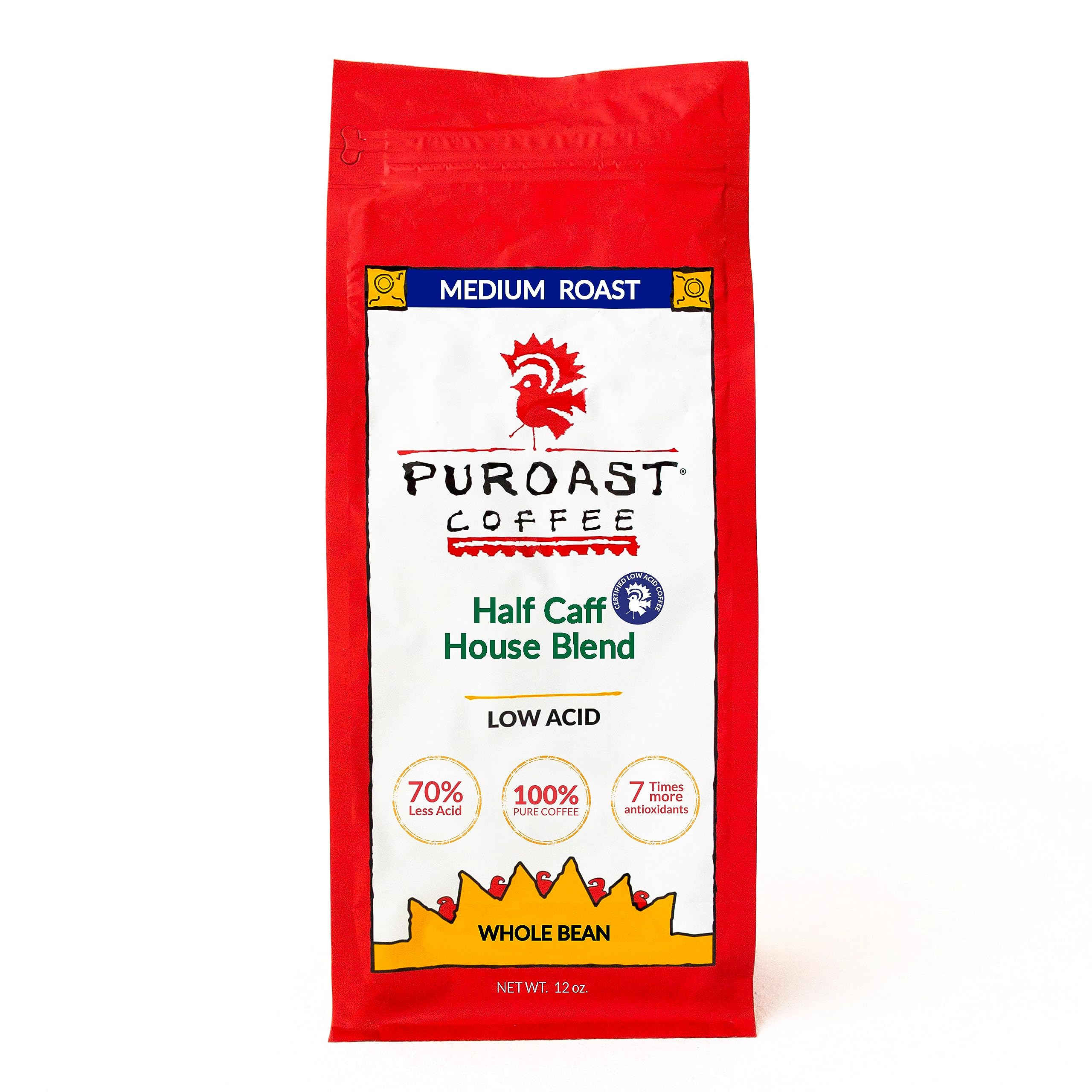 Puroast Low Acid Coffee Decaf Bean | Half Caff House Blend Whole Bean | Medium Roast | High Antioxidants & High pH |No Bitter Aftertaste | Reduced Heartburn & GERD | Suitable for Cold Brew - 2.2 LB