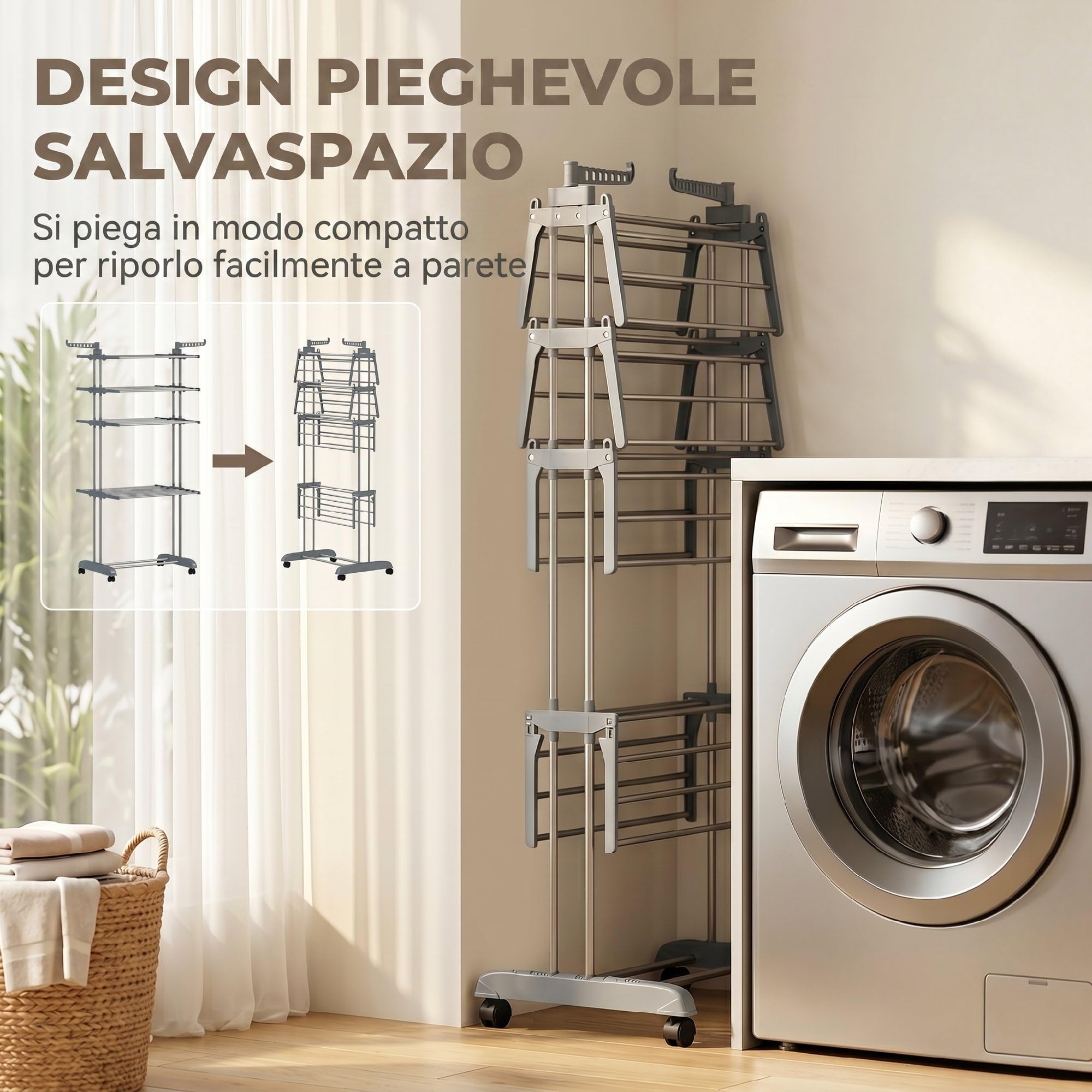HOMCOM Stendibiancheria Pieghevole 5 Livelli con Ruote e Ripiani Grigio | Stendino Verticale, Struttura in Acciaio, Stender per Casa e Lavanderia
